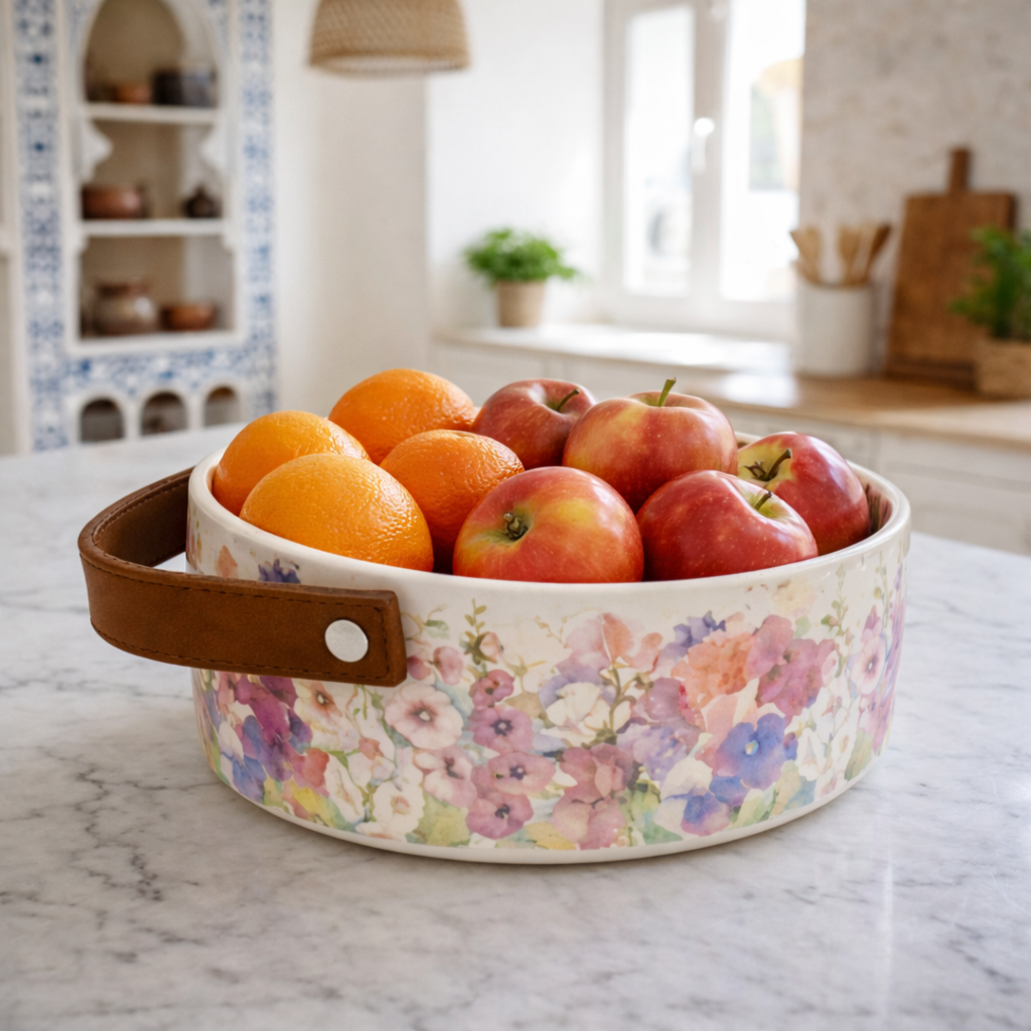 Corbeille à Fruits en Céramique Florale avec Anse Cuir - Élégance