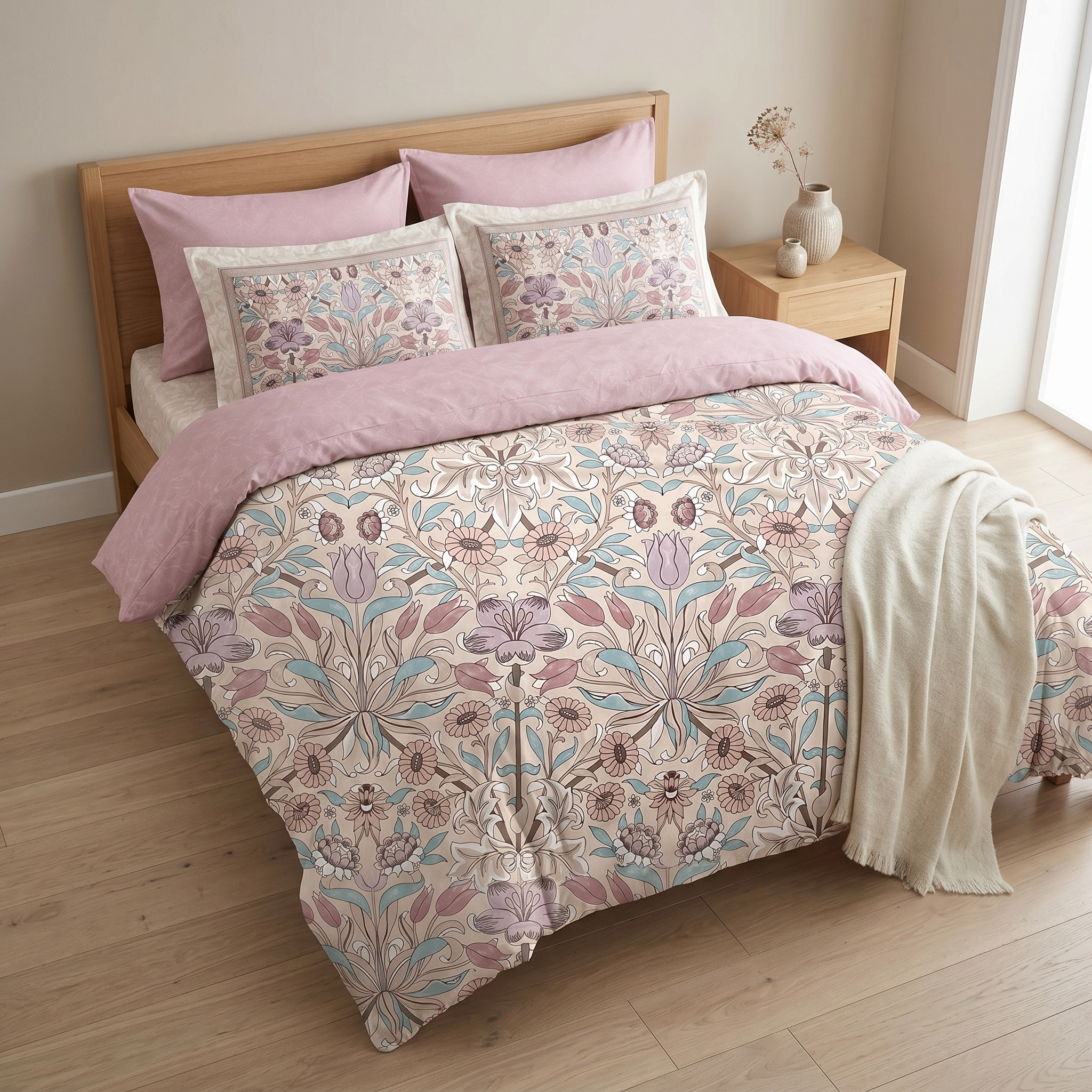 Ensemble Parure de Lit Satin Coton Motif Floral Vintage Rose | Fiolla Home