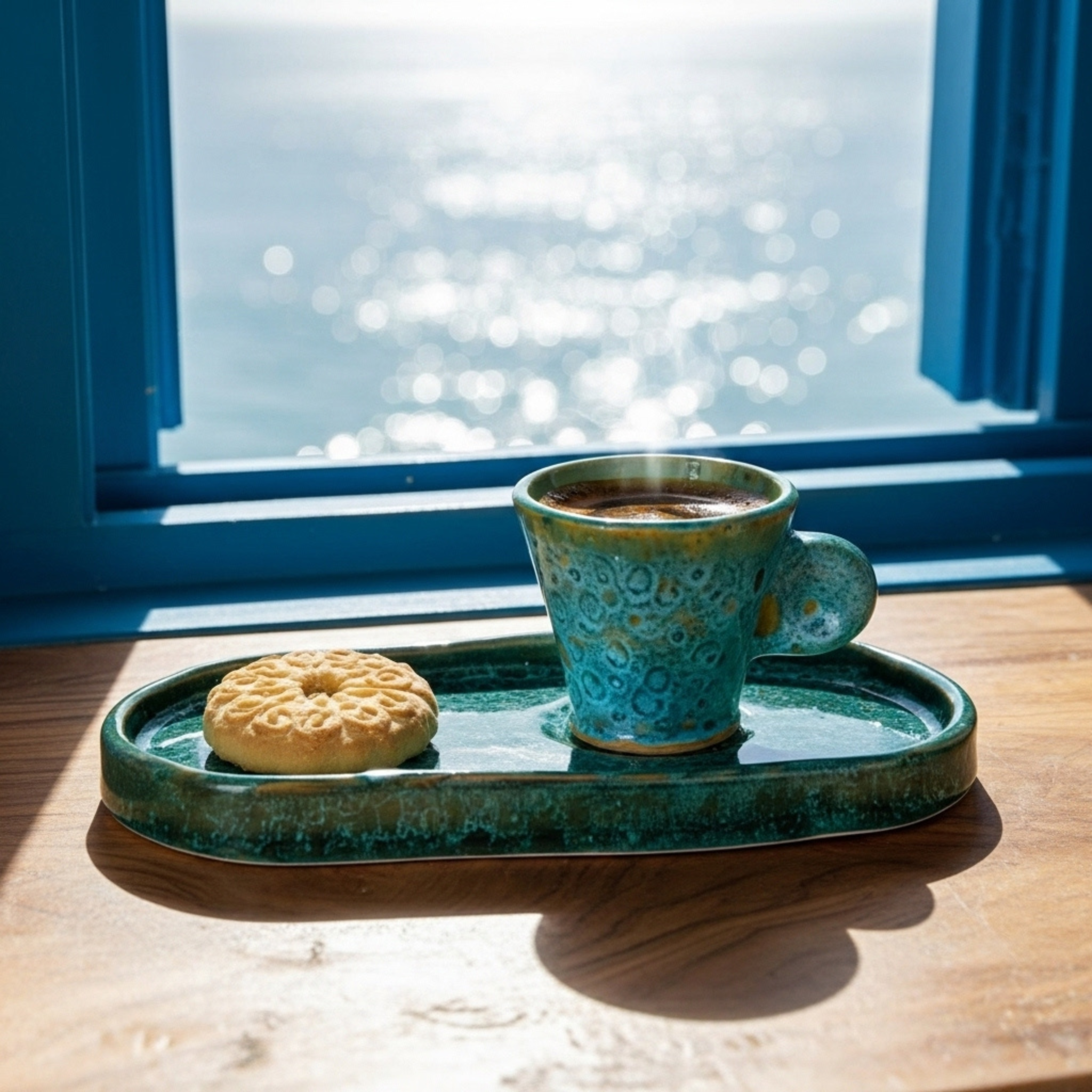 Set espresso en céramique – tasse + plateau, émail vert