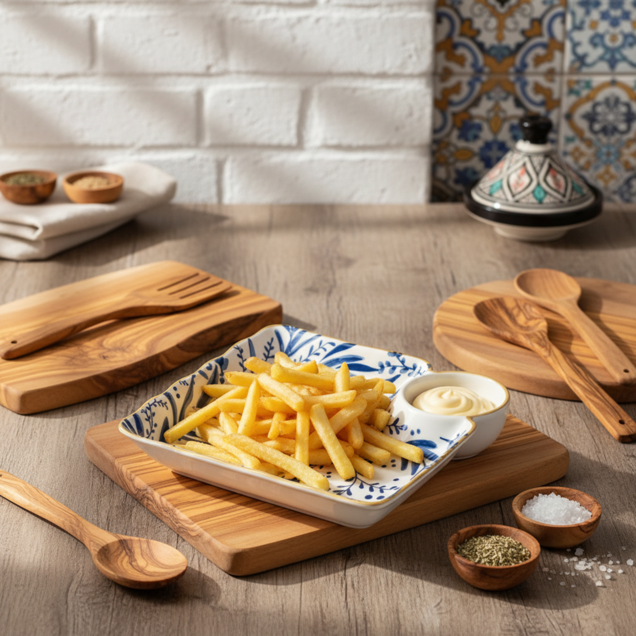 Plat de Service Céramique Bleu & Blanc avec Bol Sauce Intégré