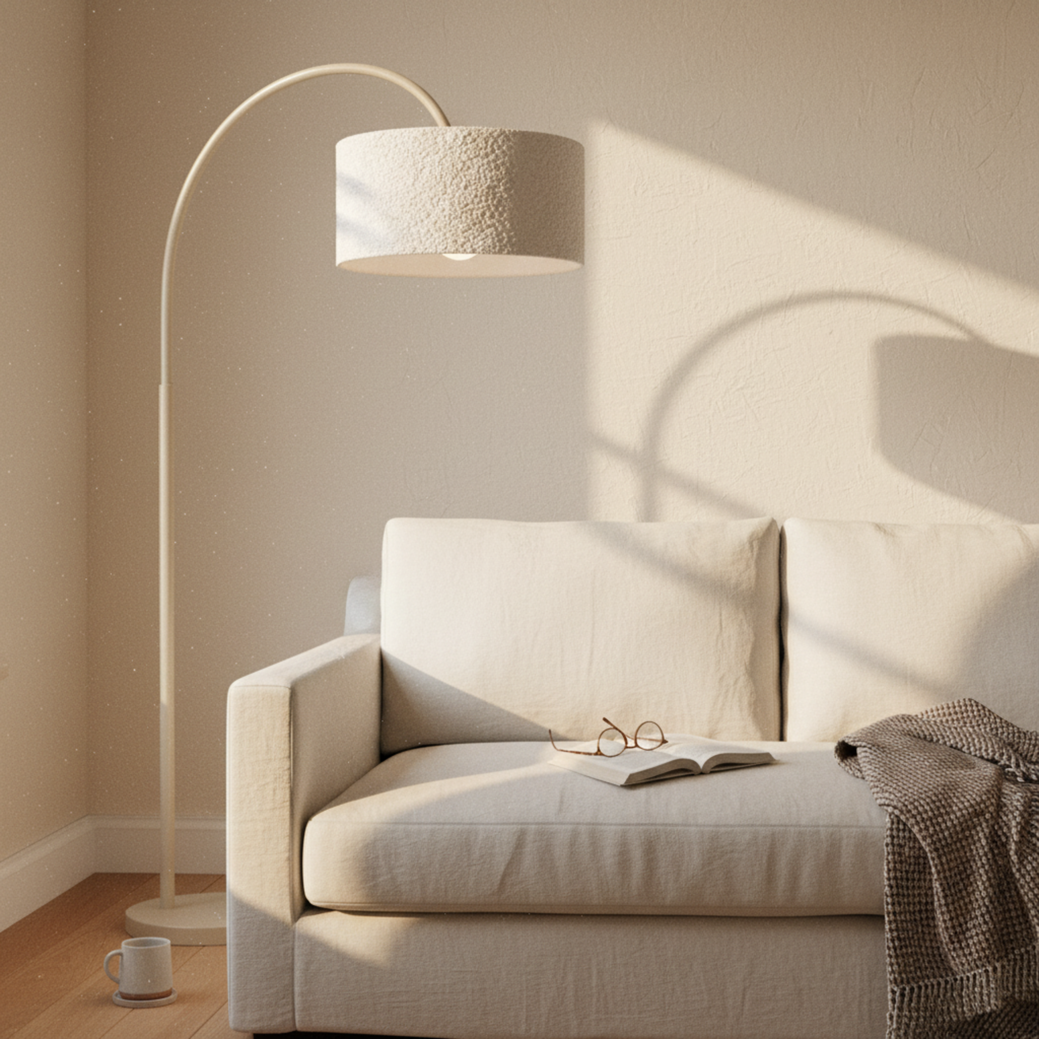 Lampadaire Arc Design en Tissu Bouclette Grège – Élégance Tunisie