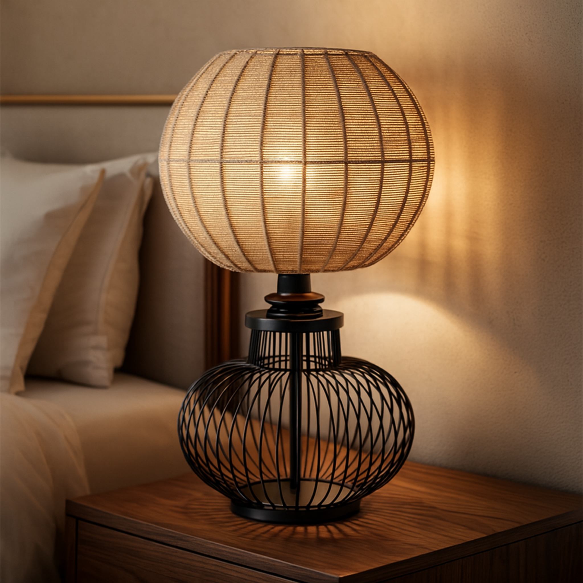 Lampe de Table Tête Jute Handmade | Base Métal Noir | Tunisie