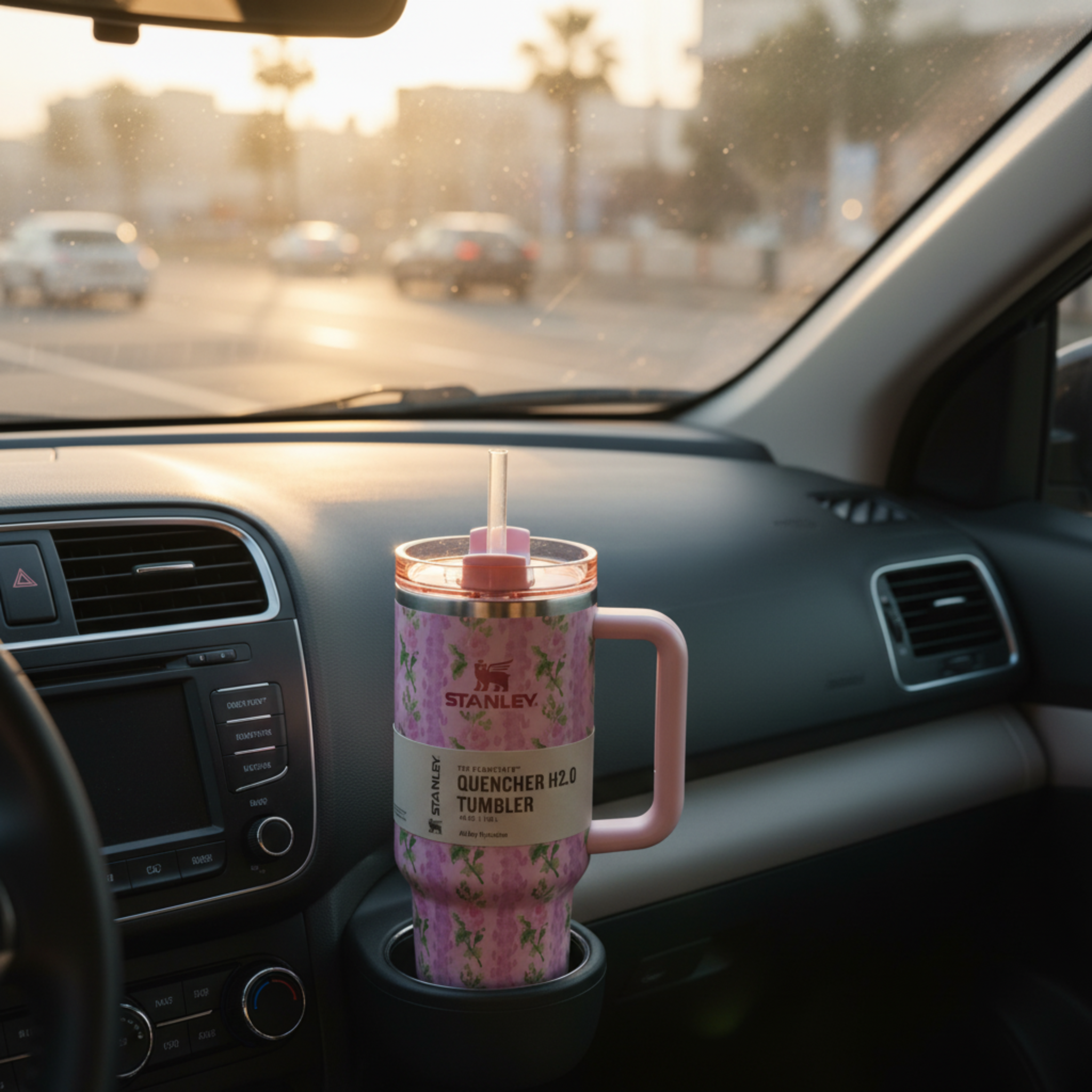 Gobelet Isotherme XXL avec Paille & Poignée - Motif Floral Rose