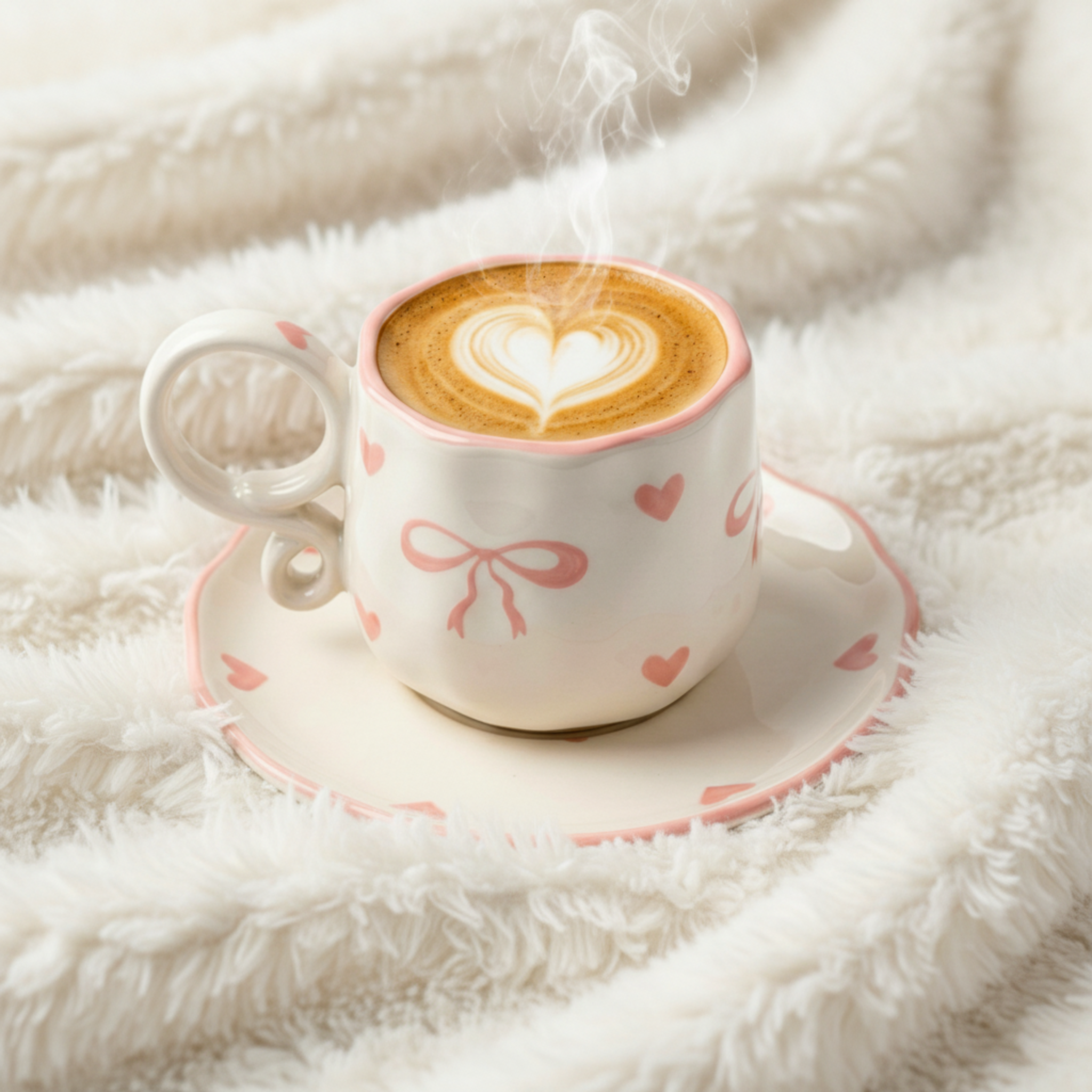 Tasse Céramique "Coquette" Nœud Rose & Cœurs - Duo Tendance