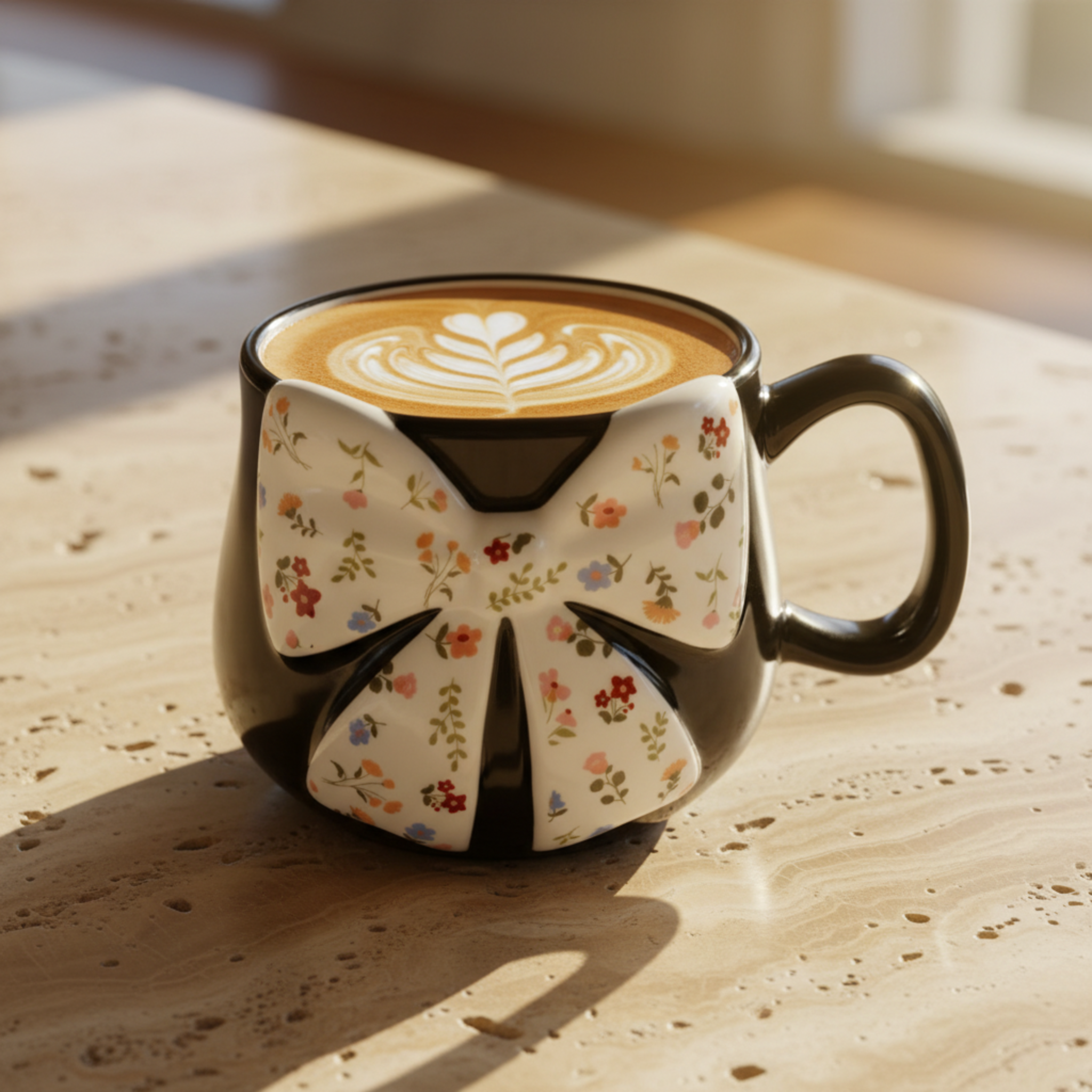 Mug Céramique Noir & Nœud Floral – Tasse Design Chic & Tendance