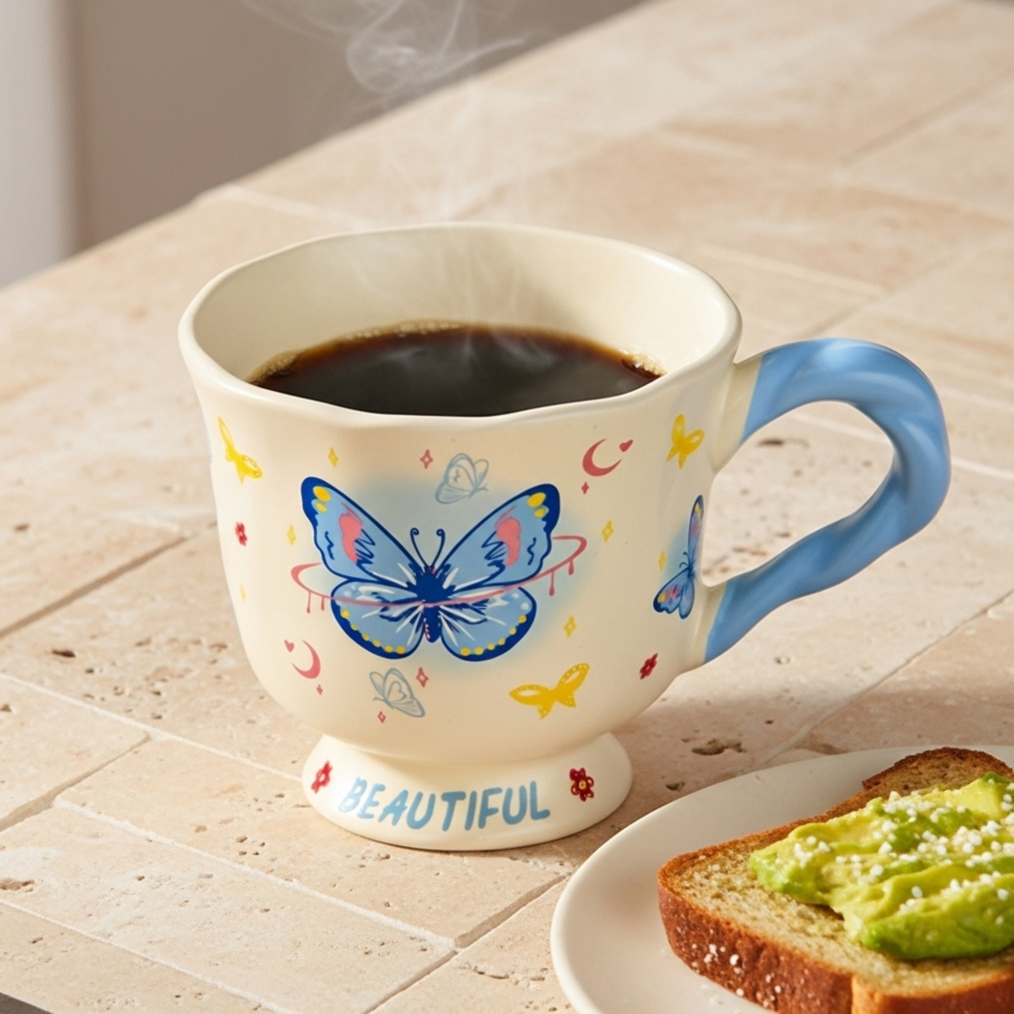 Mug papillon bleu “Beautiful” – Céramique base évasée | Fiolla Home