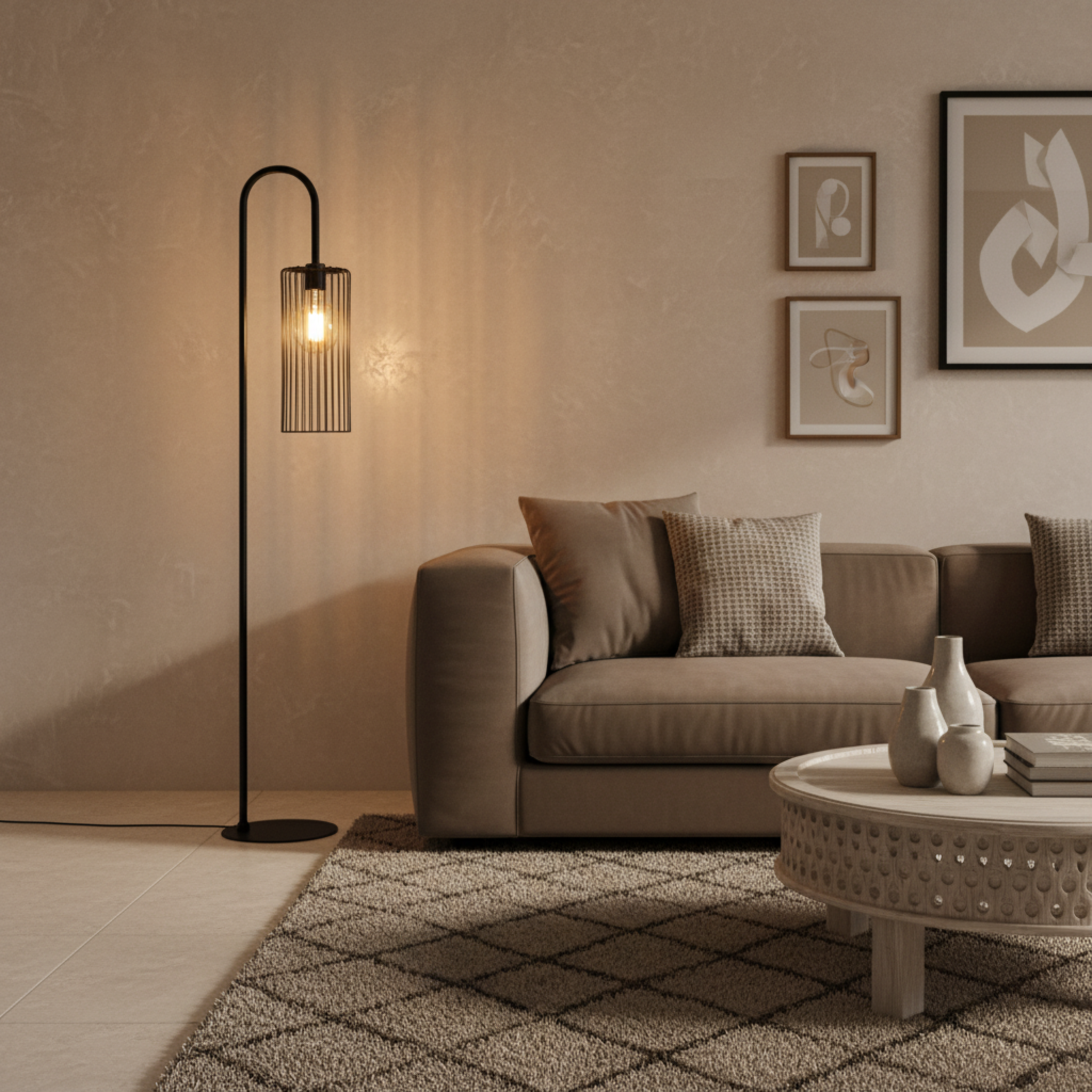 Lampadaire Trépied Métal Noir & Abat-Jour Effet Tweed – Design Moderne