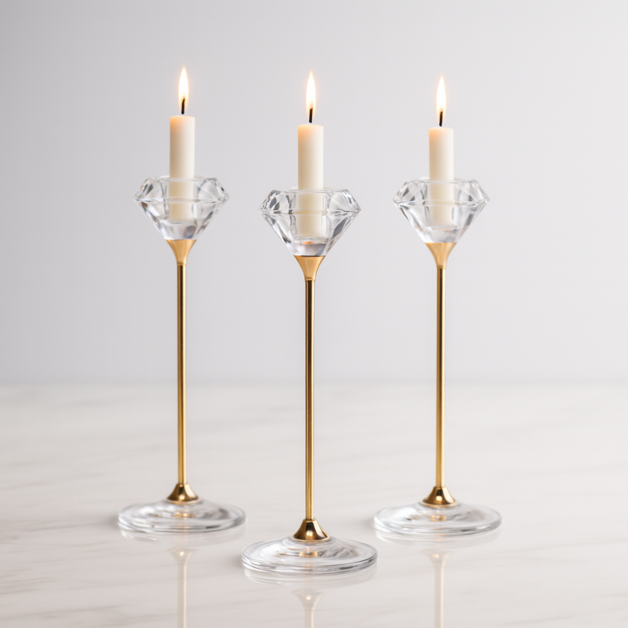 Bougeoirs Cristal Premium | Lot de 3, Tiges Dorées | Fiolla Home