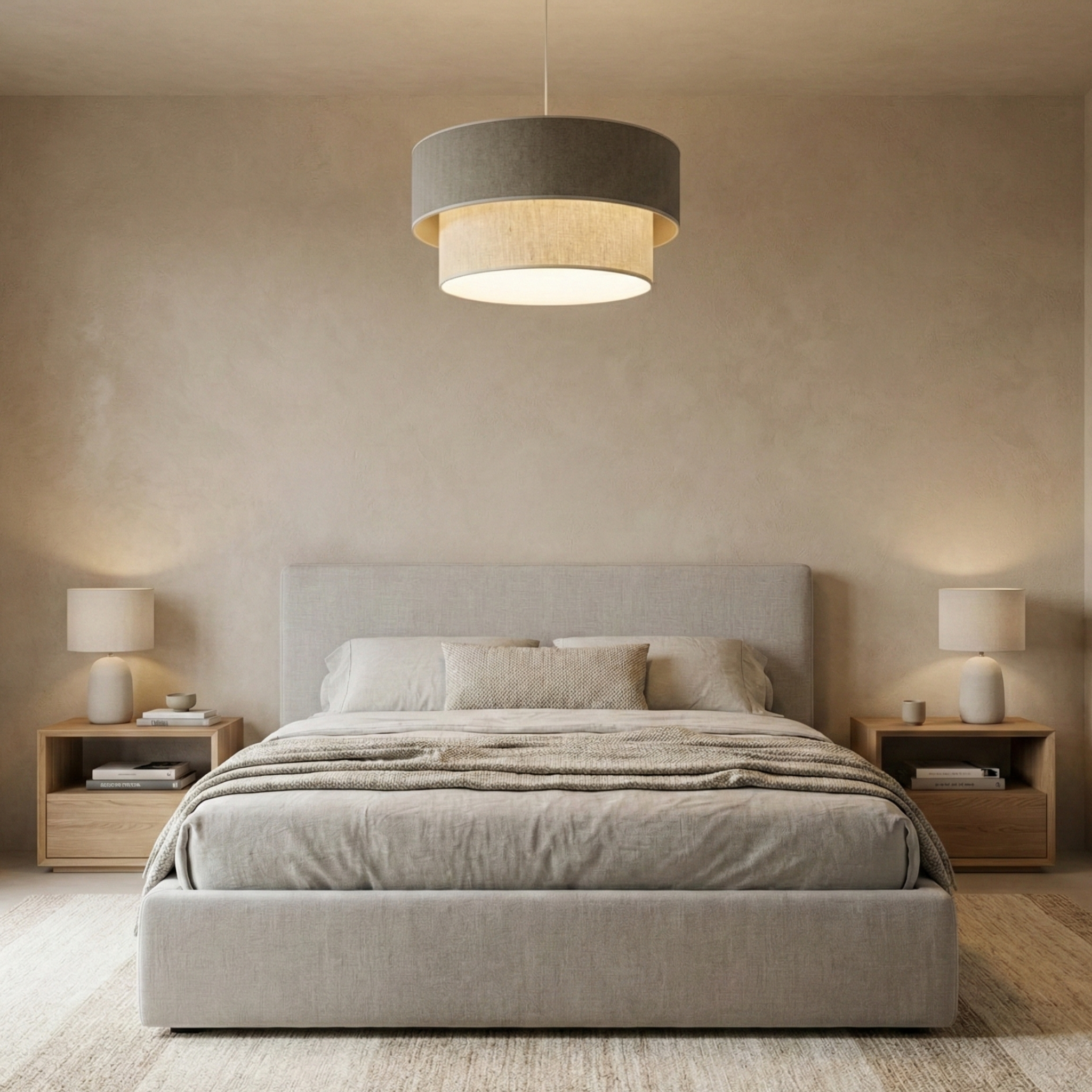 Suspension Artisanale Double Abat-Jour – Design Moderne Gris & Beige