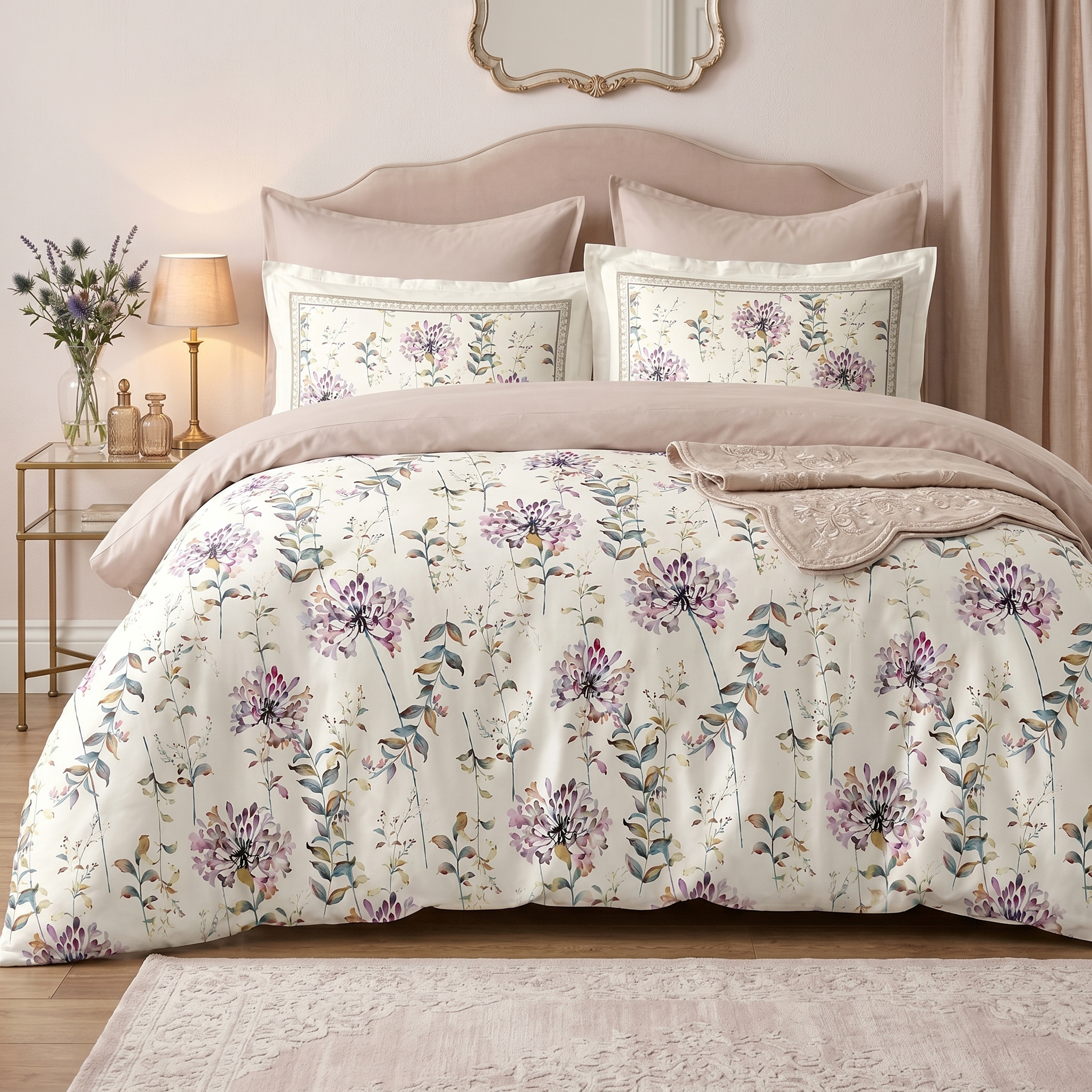 Ensemble Parure de Lit Satin Coton Floral Violet Aquarelle | Fiolla Home