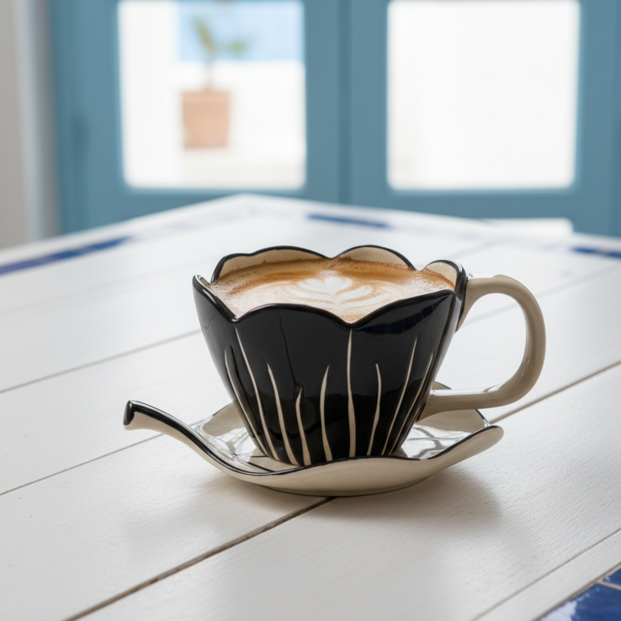 Mug Fleur Noir en Céramique avec Sous-Tasse – Élégance Premium