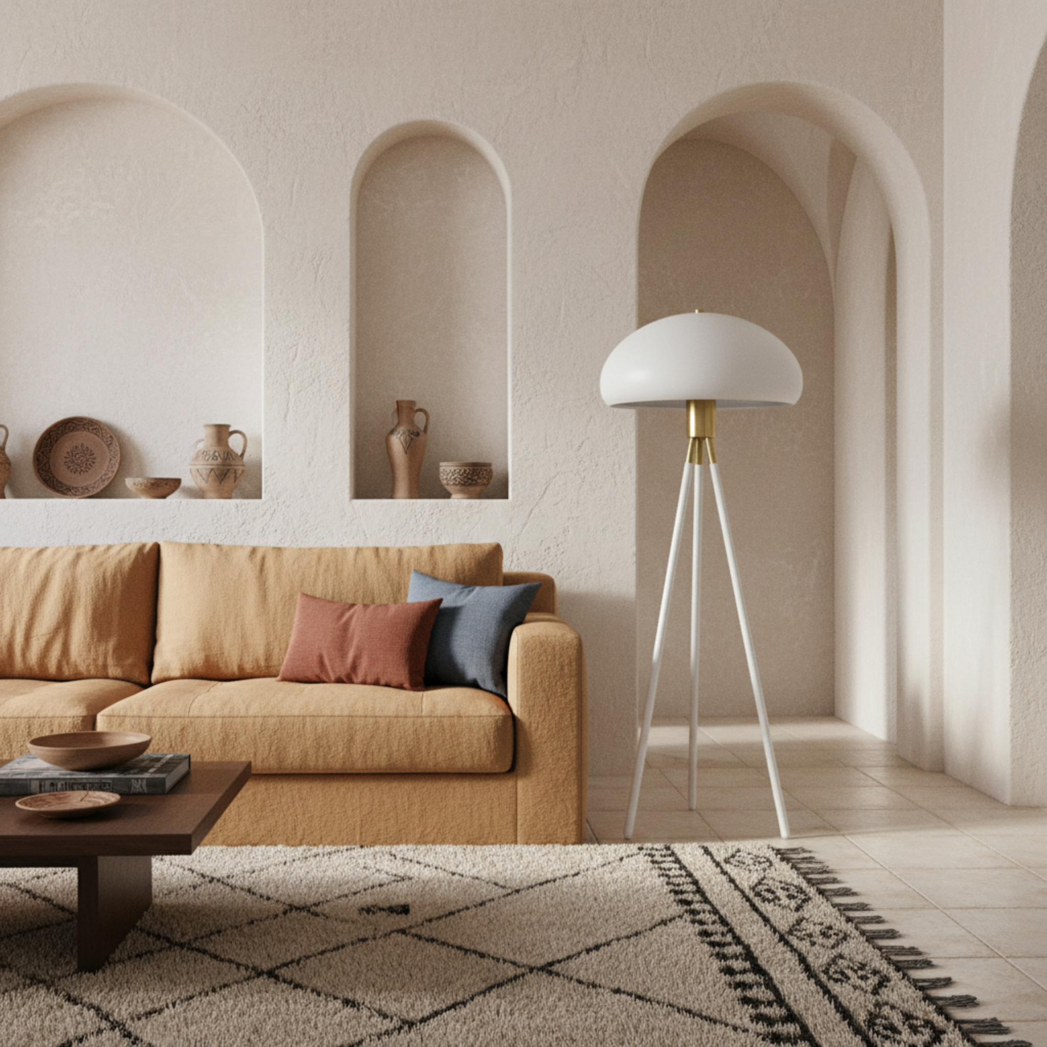 Lampadaire Trépied Design Blanc & Doré – Éclairage Scandi-Chic Tunisie