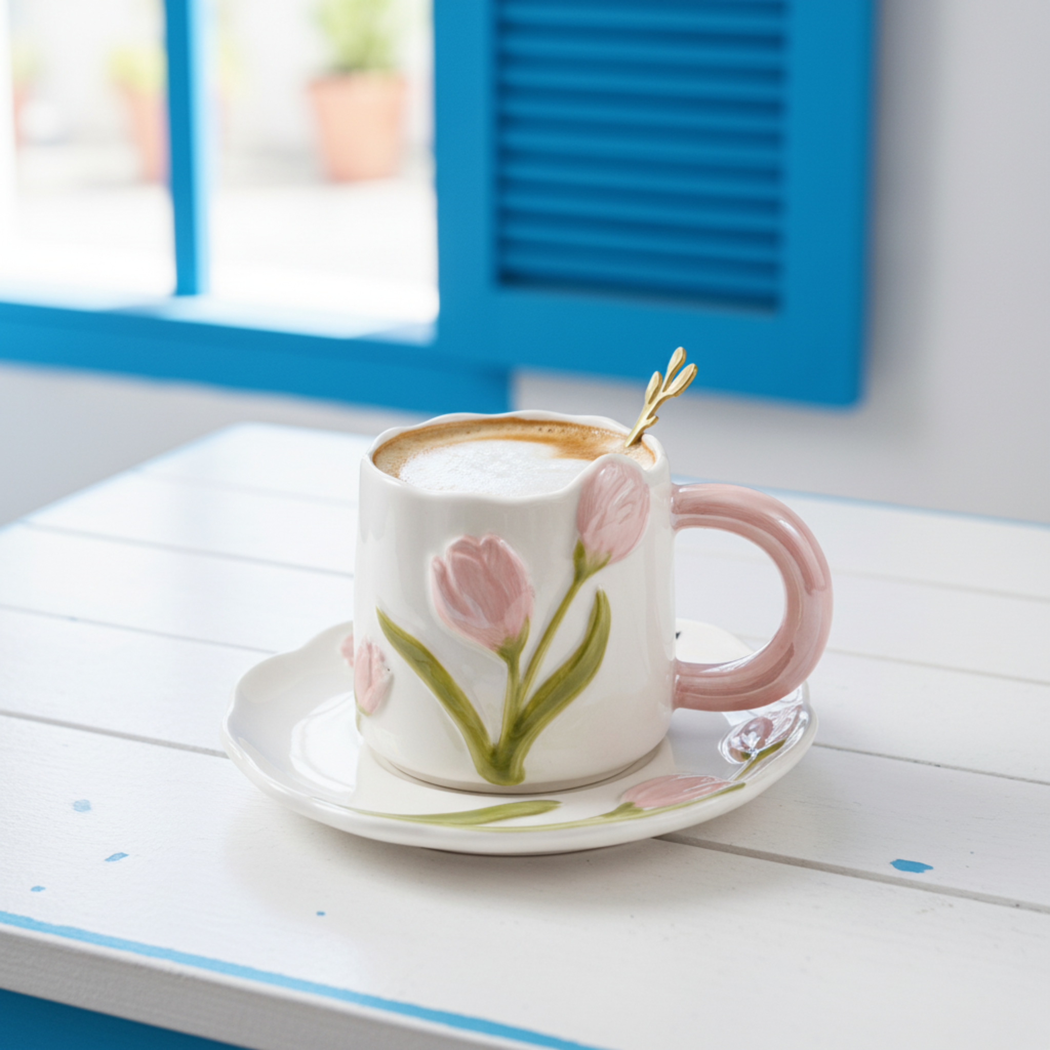 Mug Tulipe Rose en Céramique avec Sous-Tasse – Édition Élégante