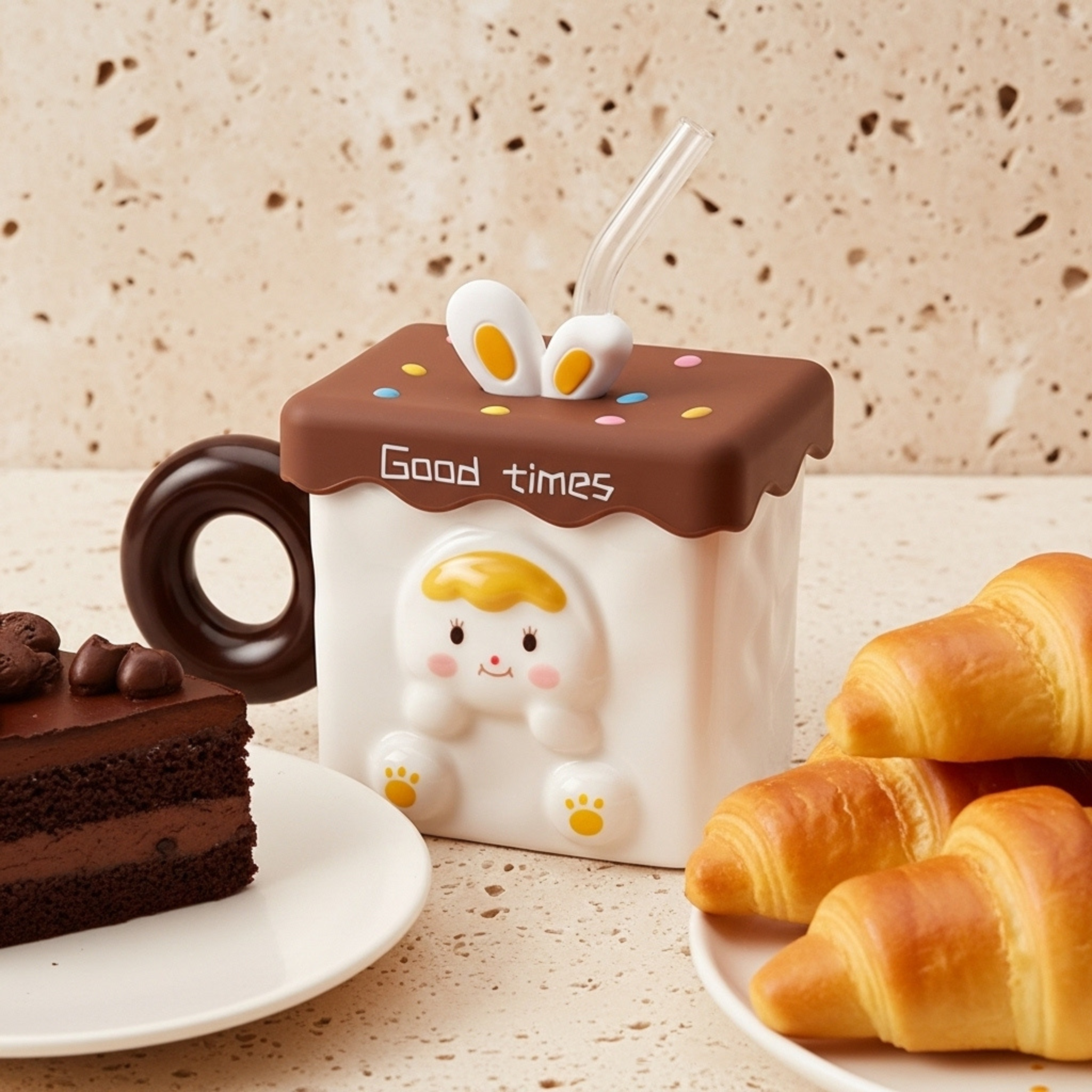 Mug carré “Good times” chocolat – Couvercle + paille | Fiolla Home