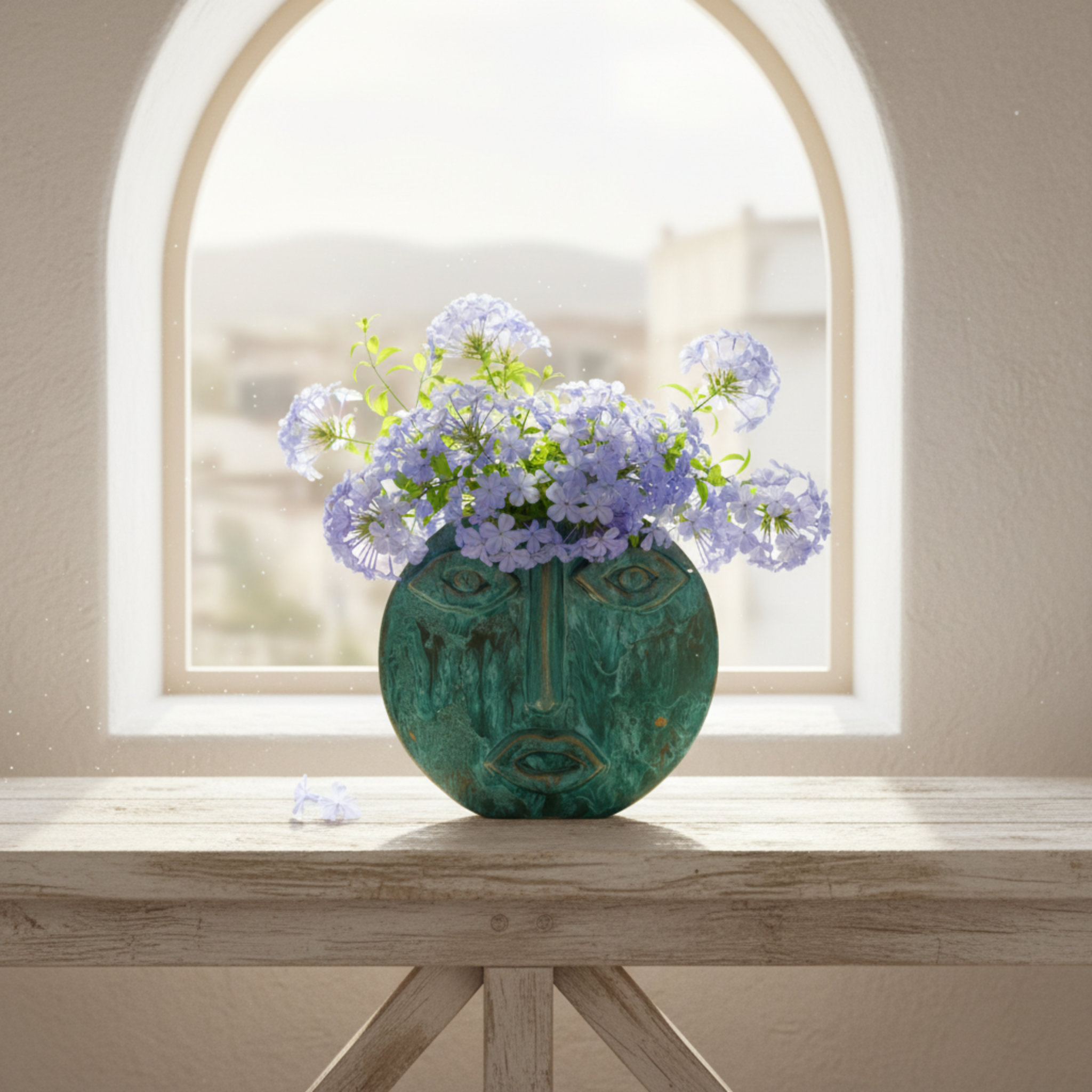 Vase Visage Rond en Céramique – Émail Émeraude Tunisien