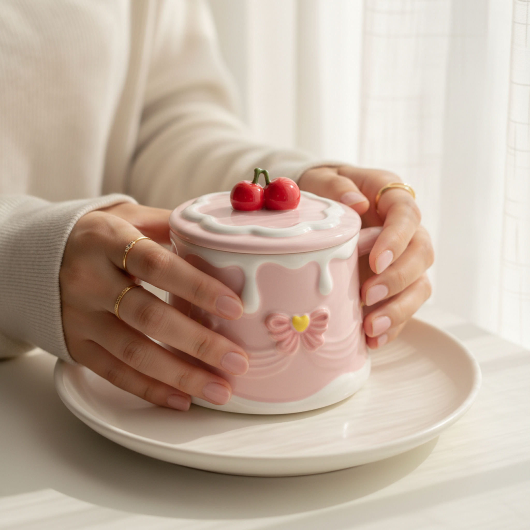 Mug Gâteau Rose Pastel avec Couvercle Cerise – Style Coquette & Cadeau
