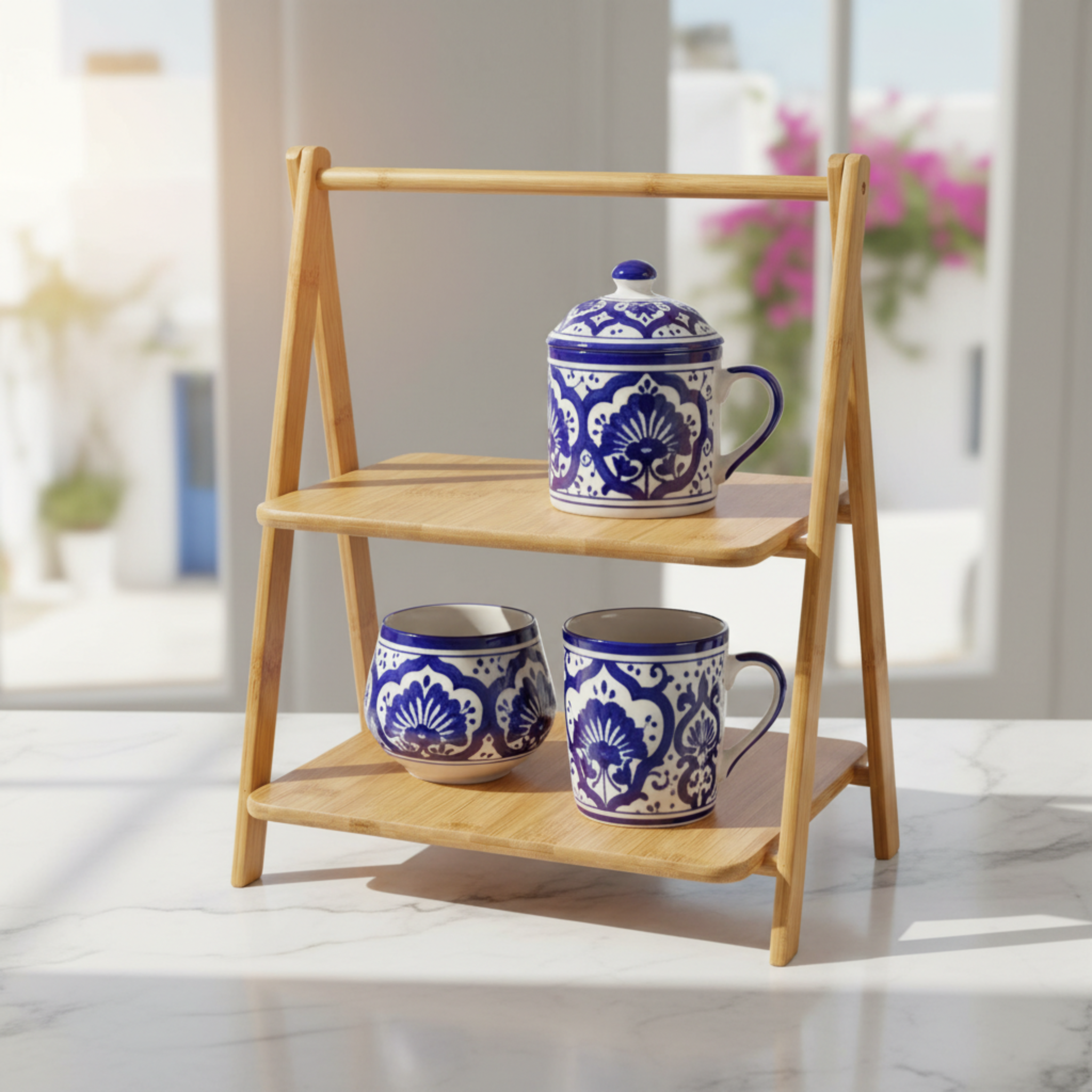 Étagère de Table en Bambou 2 Niveaux - Rangement Cuisine & Coin Café