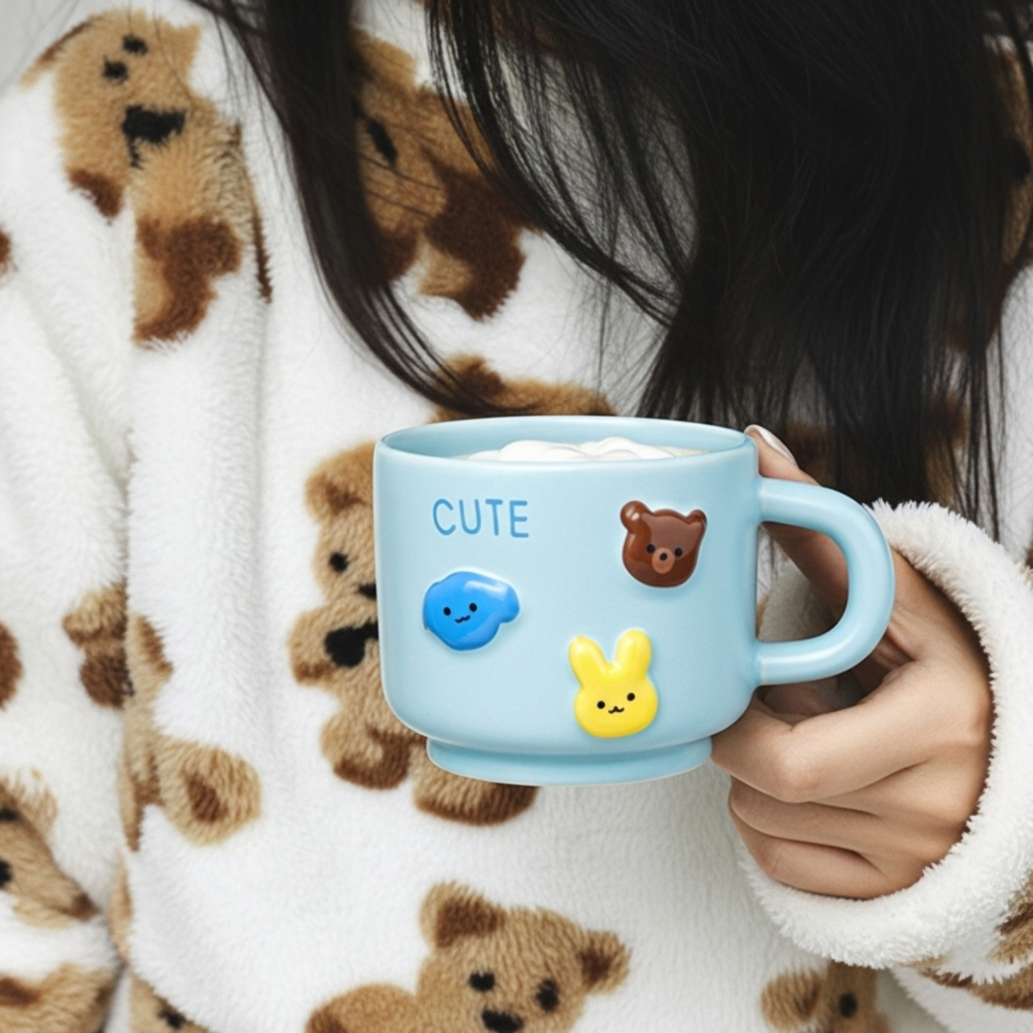 Mug kawaii bleu en céramique 3D – Animaux mignons | Fiolla Home