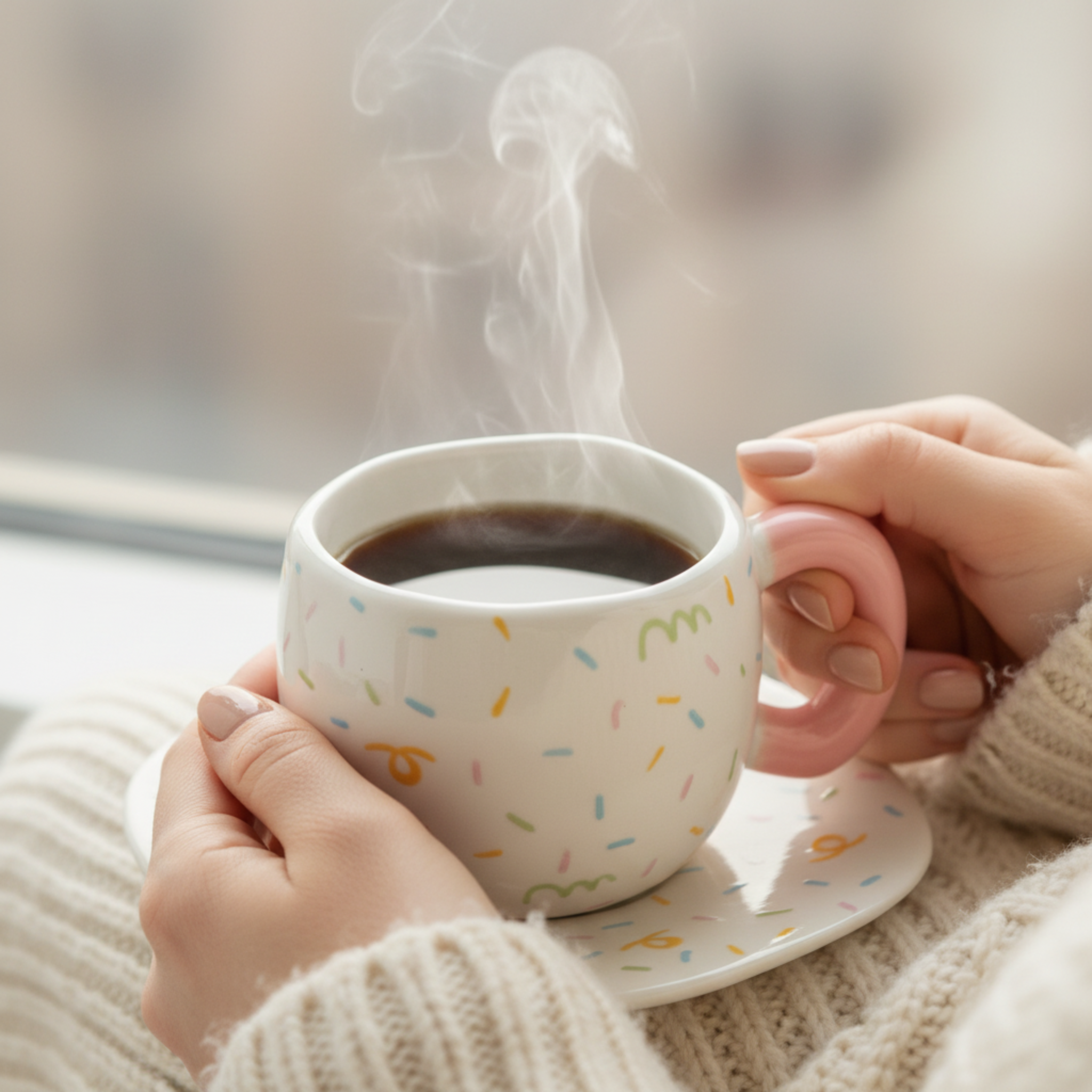 Mug Céramique Confettis & Anse Rose – Tasse Tendance avec Soucoupe