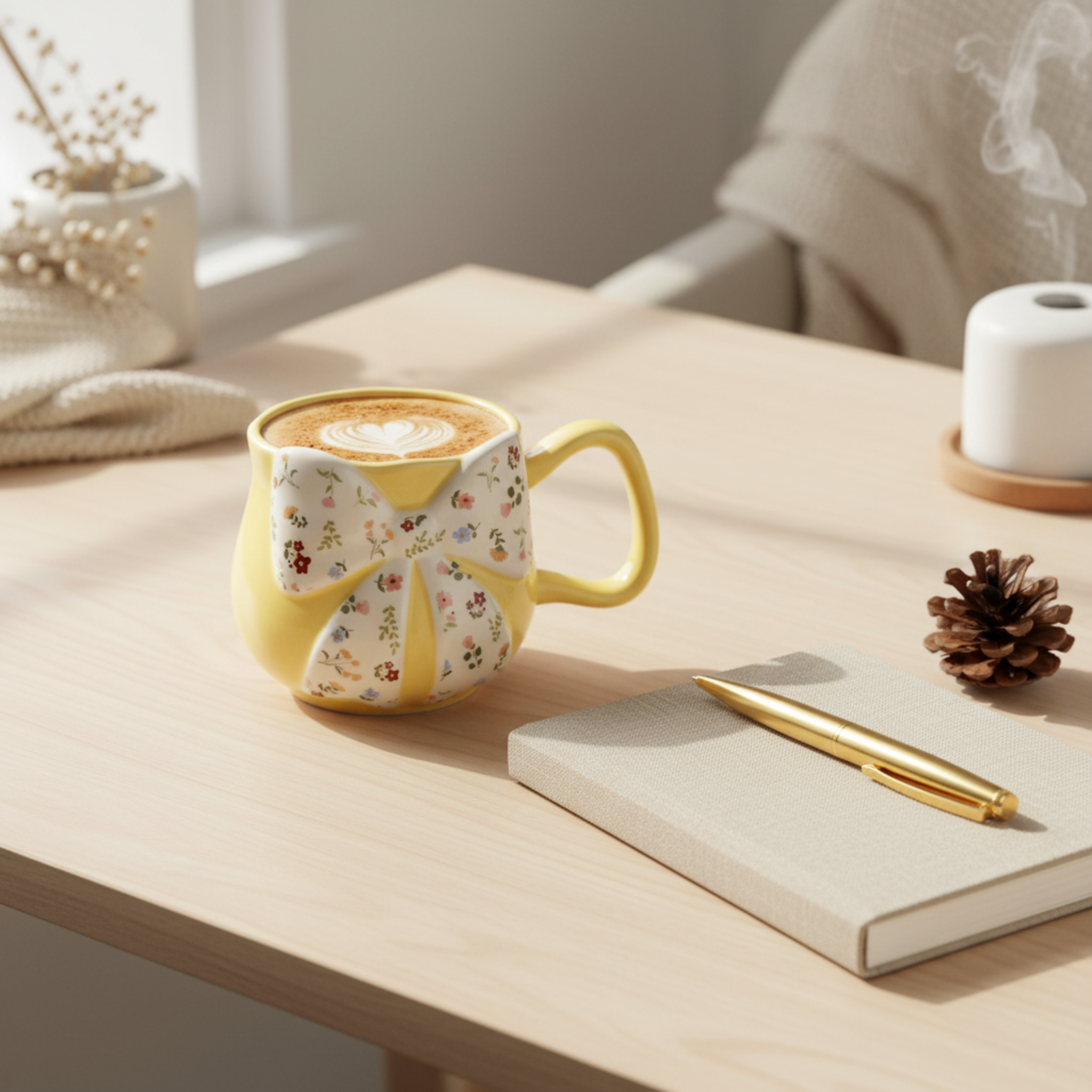 Mug Jaune Nœud Fleuri – Tasse Céramique Design Coquette & Cozy