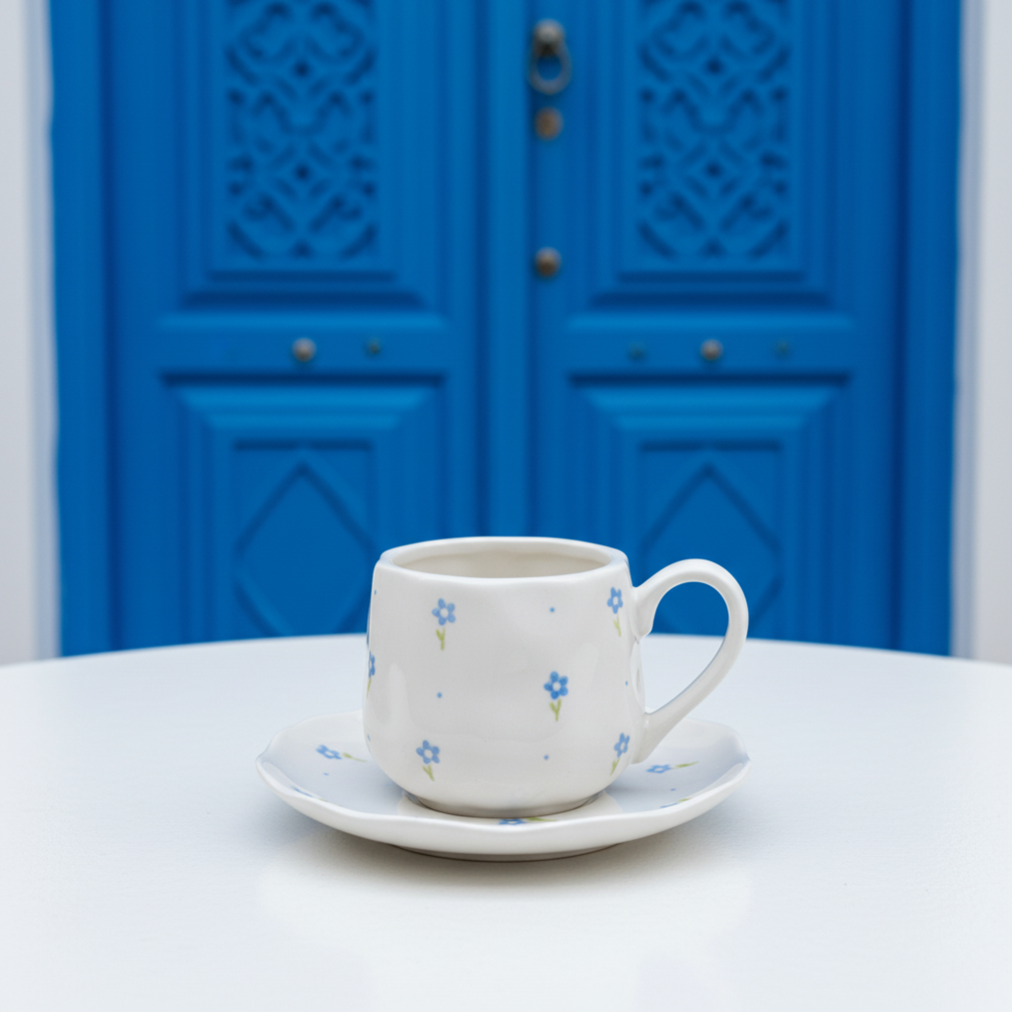 Tasse Céramique Fleurs Bleues & Soucoupe – Design Poétique & Chic