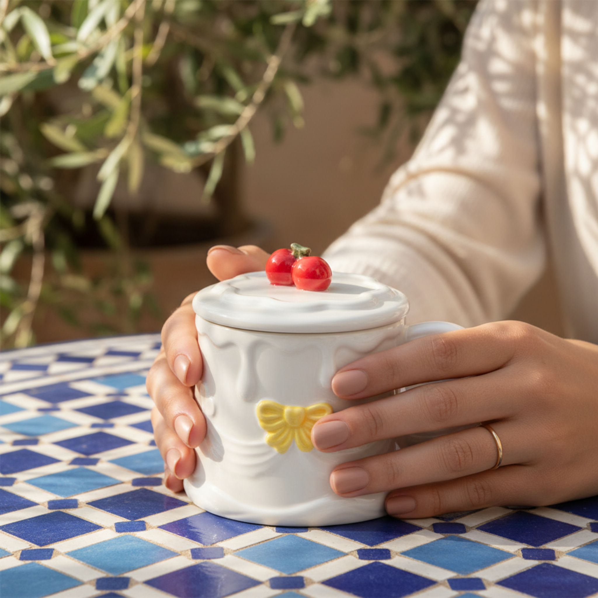 Mug Gâteau Blanc & Nœud Jaune avec Couvercle Cerise – Déco & Cadeau