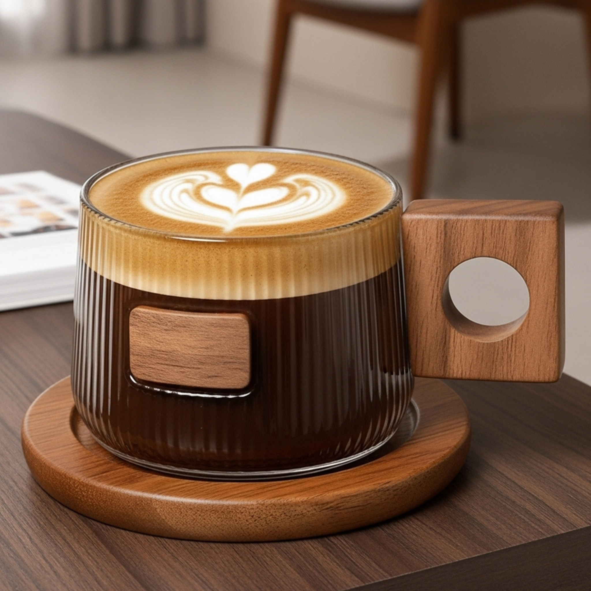 Tasse en verre nervuré avec anse bois & soucoupe – Style moderne