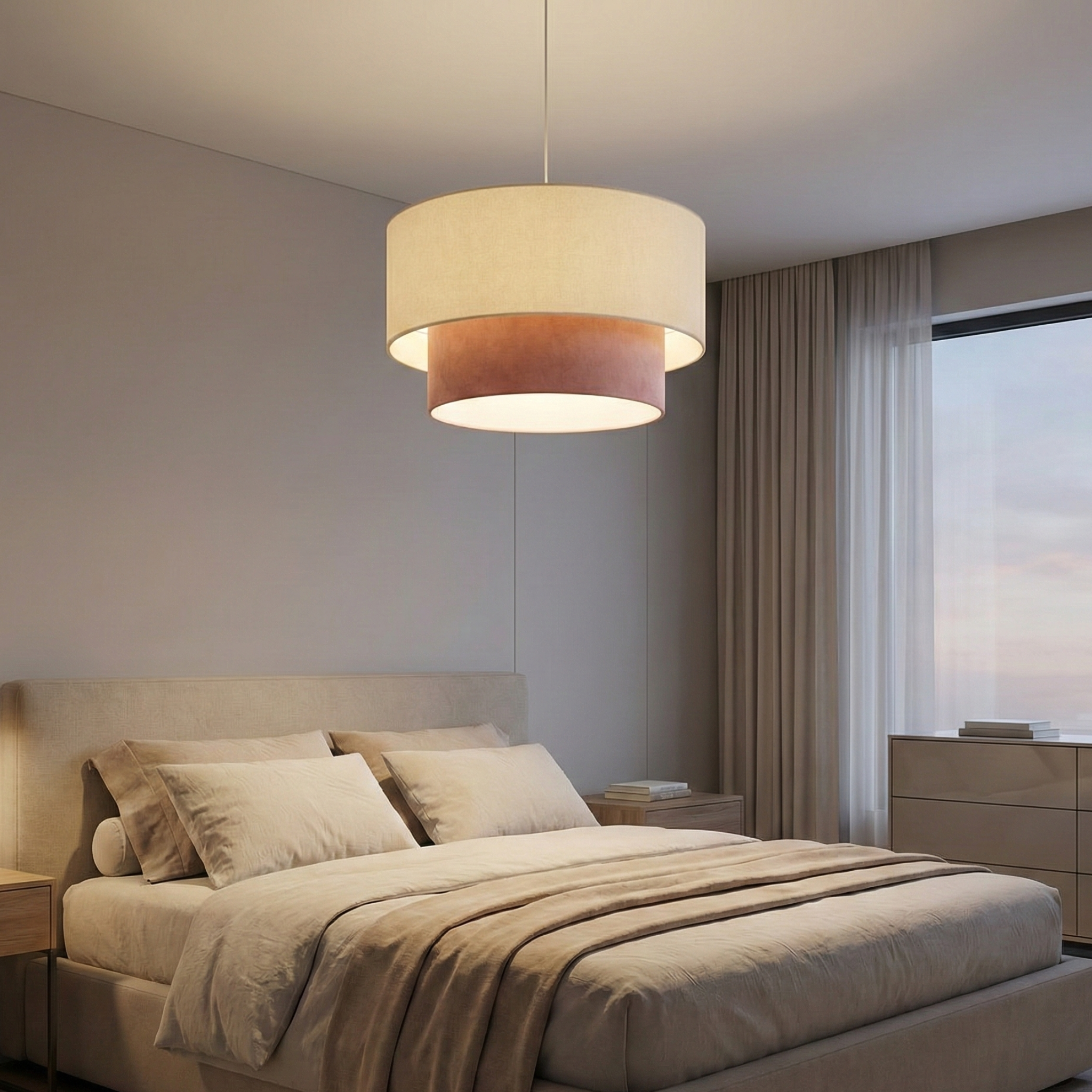 Suspension Double Abat-Jour Beige & Vieux Rose - Lustre Moderne Tunisie