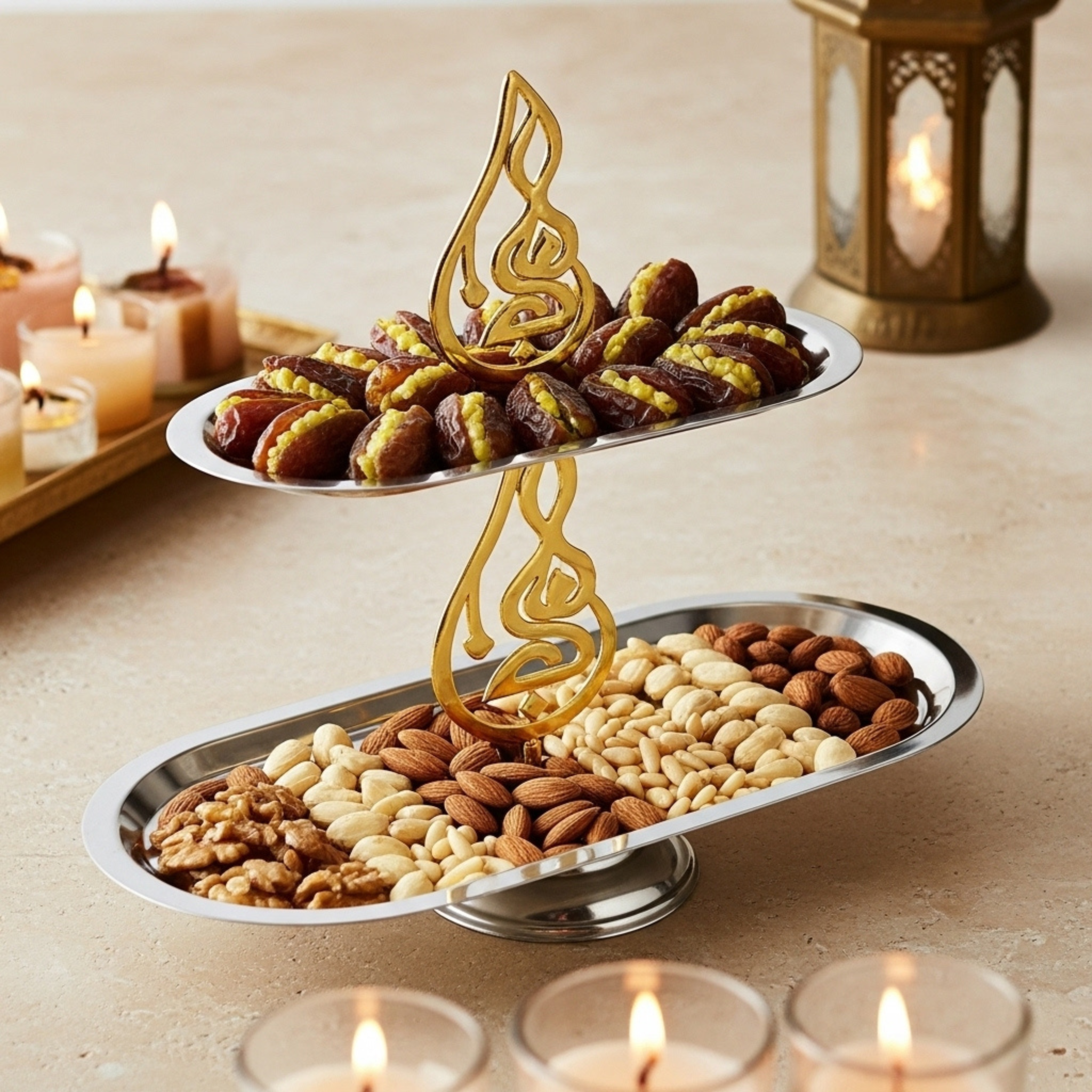 Présentoir Inox 2 Niveaux – Calligraphie Dorée | Fiolla Home Tunisie