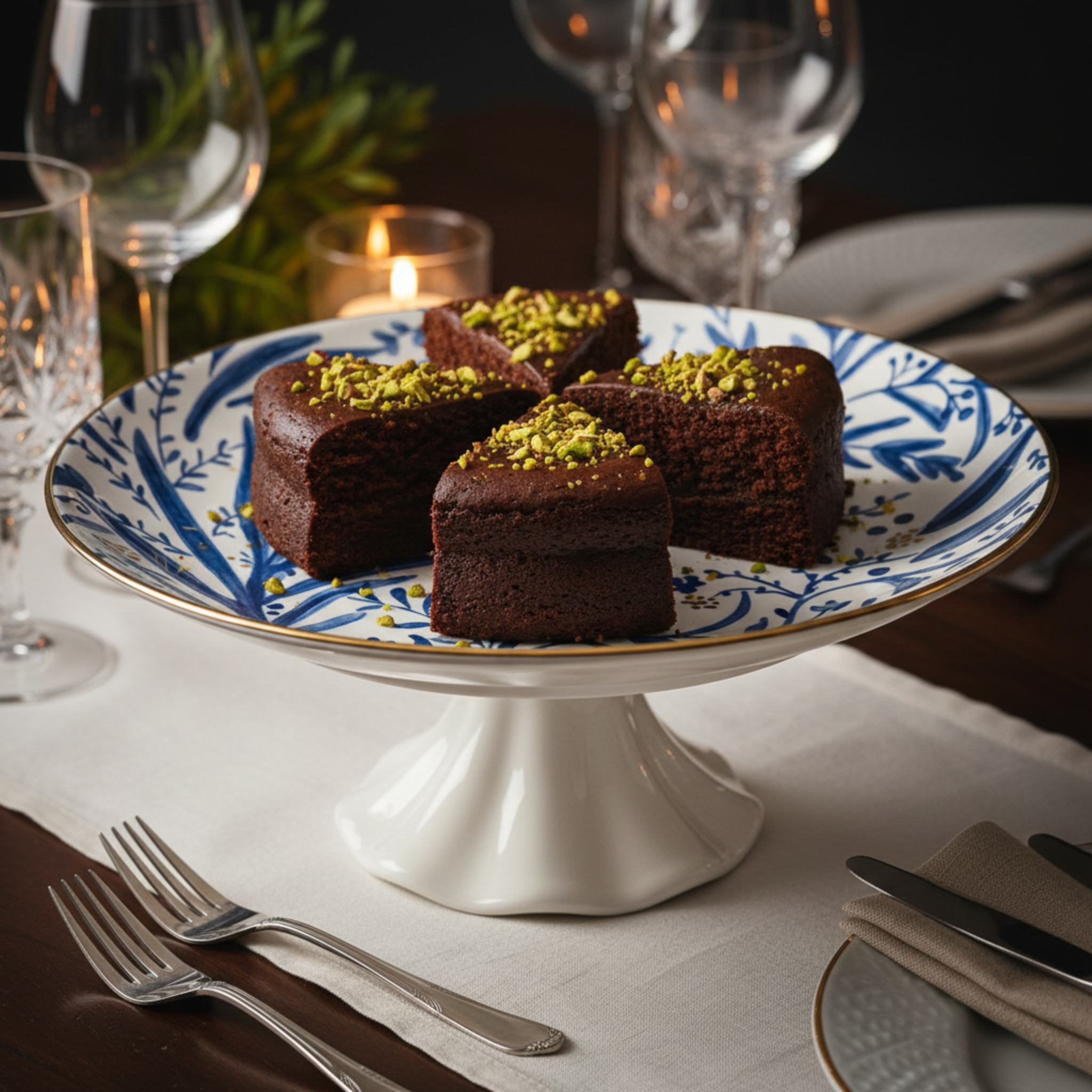 Présentoir à Gâteaux sur Pied Céramique Bleu & Or - Art de la Table