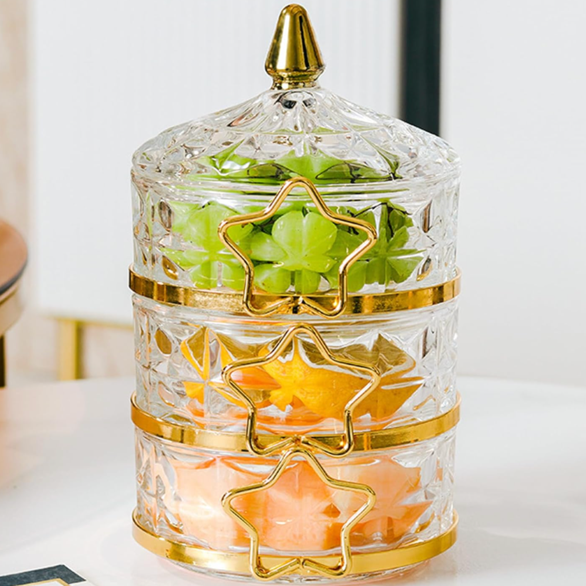 Bonbonnière 3 Niveaux Tunisie | Verre Ciselé, Étoiles Dorées | Fiolla Home