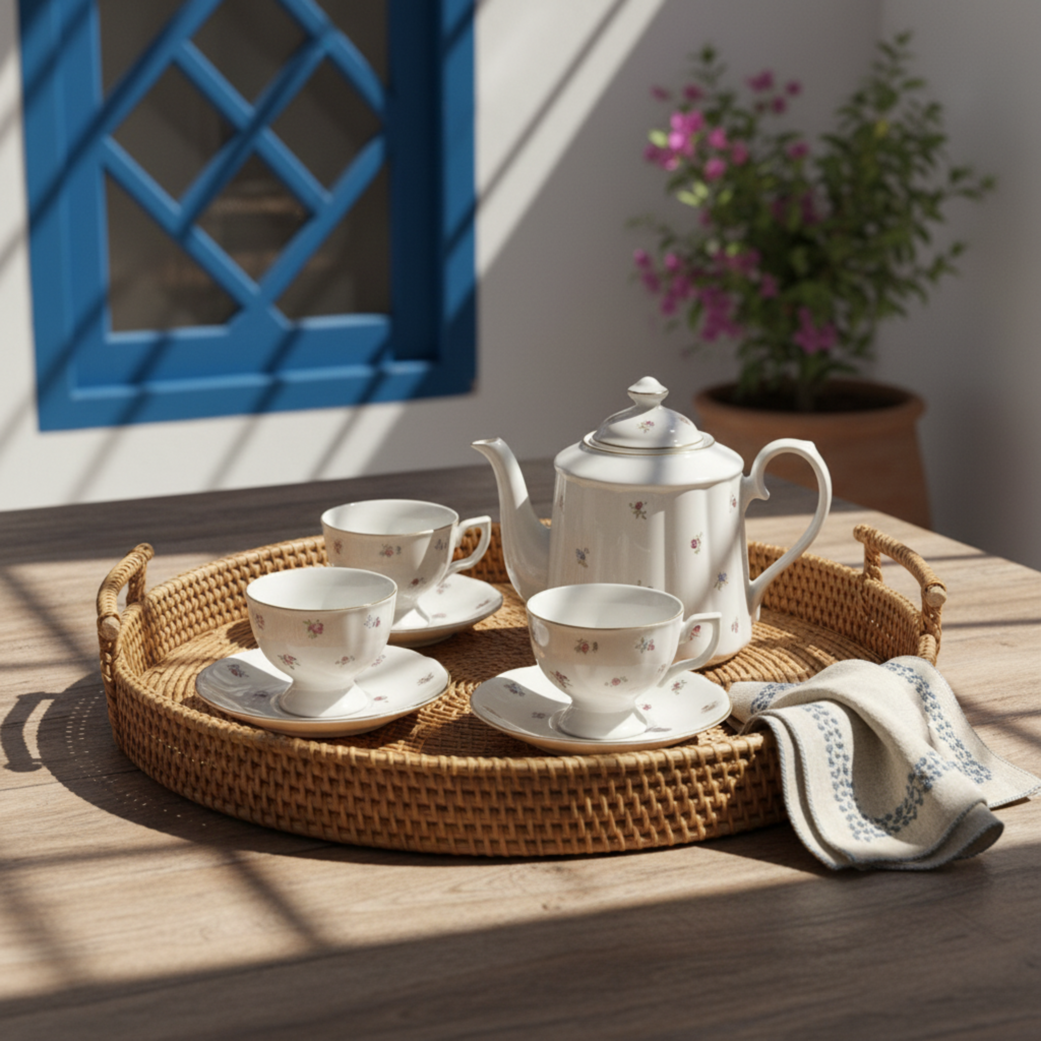 Service Petit Déjeuner 29 Pièces - Porcelaine Motif Floral & Or
