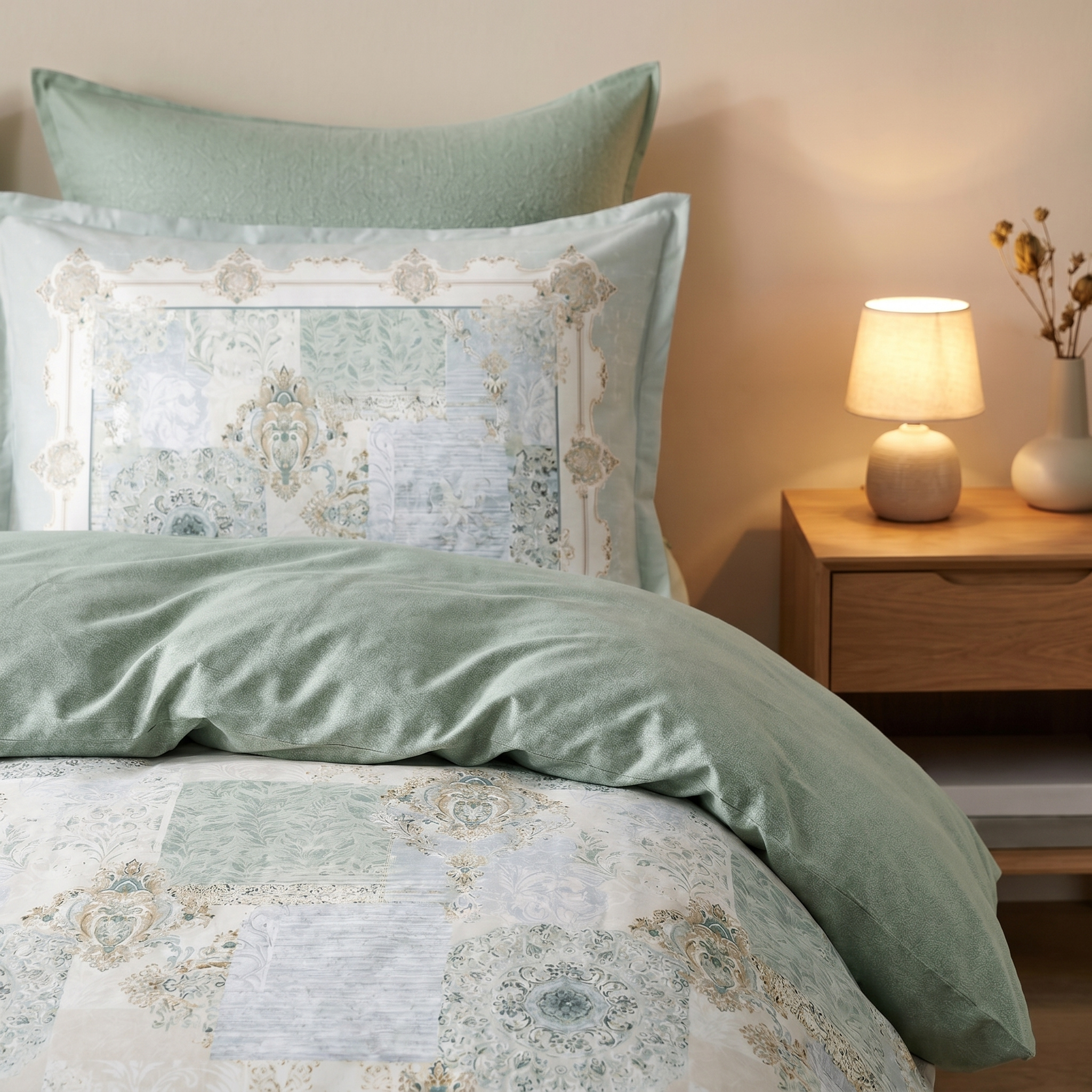 Ensemble Parure de Lit Satin Coton Patchwork Baroque Vert Sauge | Fiolla Home