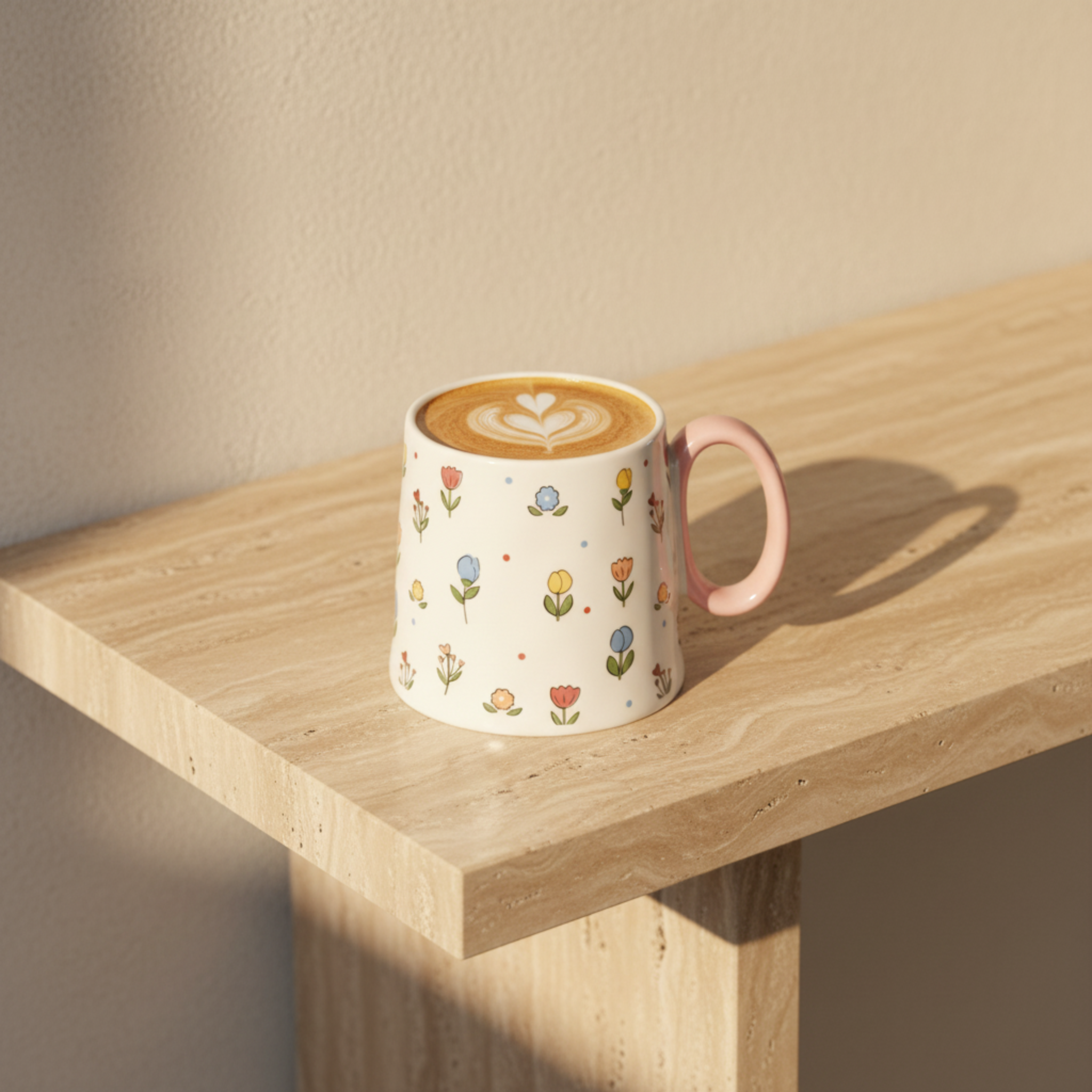 Mug Céramique "Printemps Fleuri" – Tasse Design Floral & Anse Rose