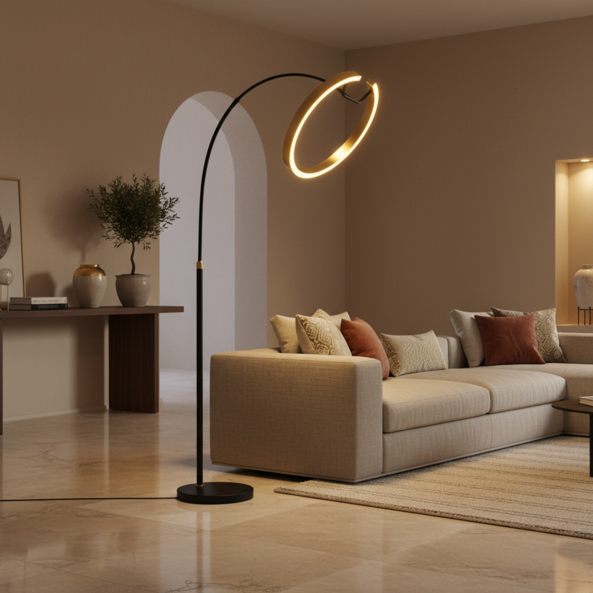Lampadaire LED Anneau Doré Design Moderne – Éclairage Élégant