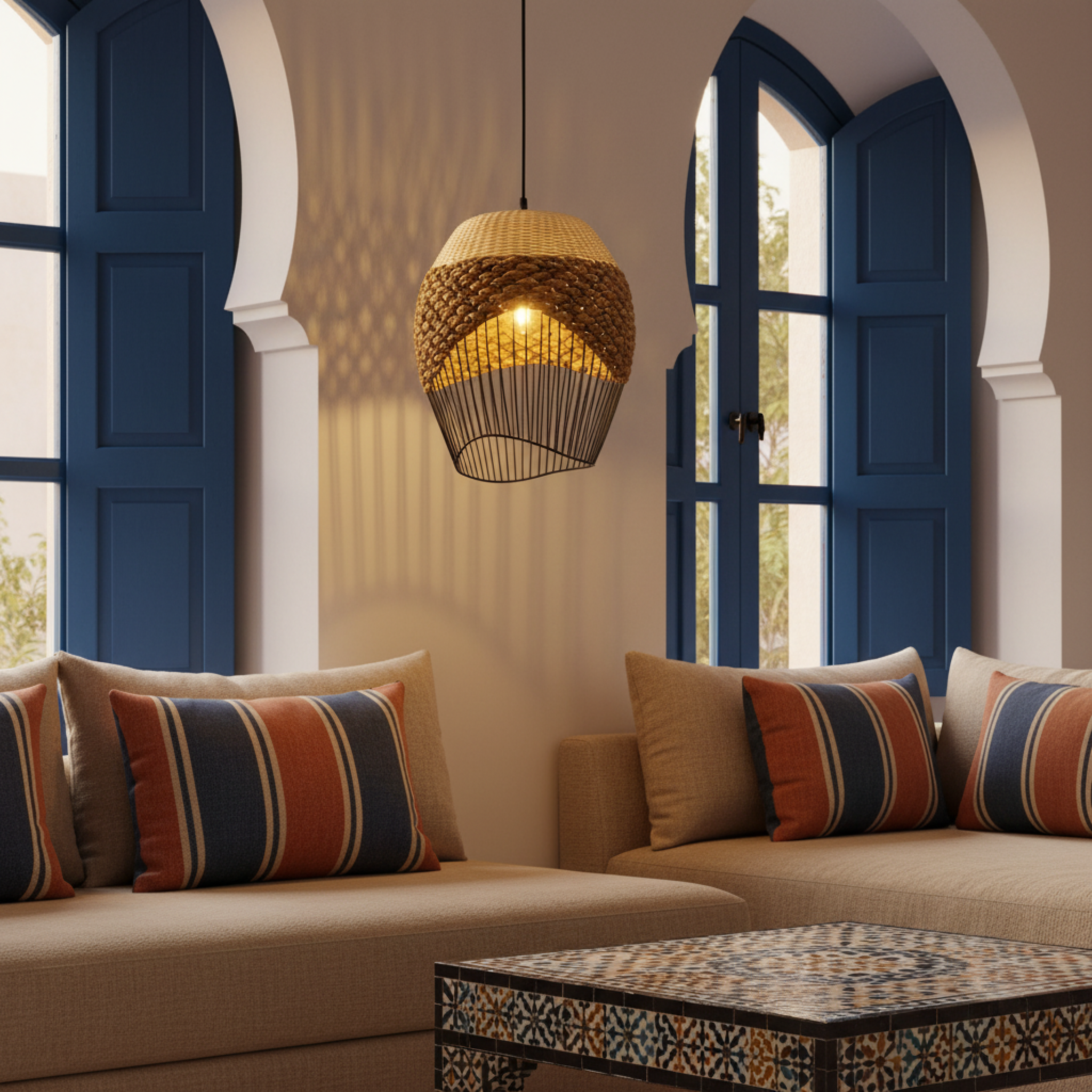 Suspension Corbeille Fibres Végétales & Métal | Design Artisanal | Tunisie