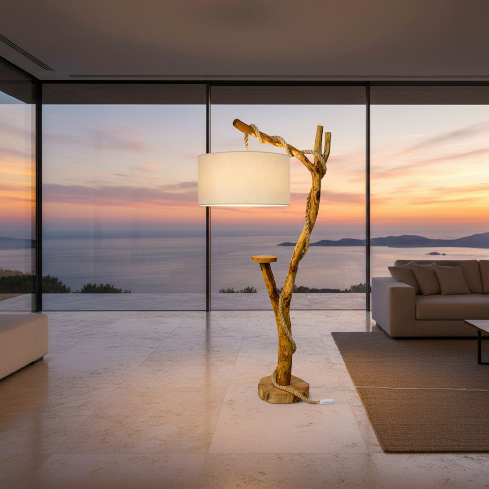 Lampadaire Bois Naturel & Corde 144cm - Lampe Salon Design Tunisie