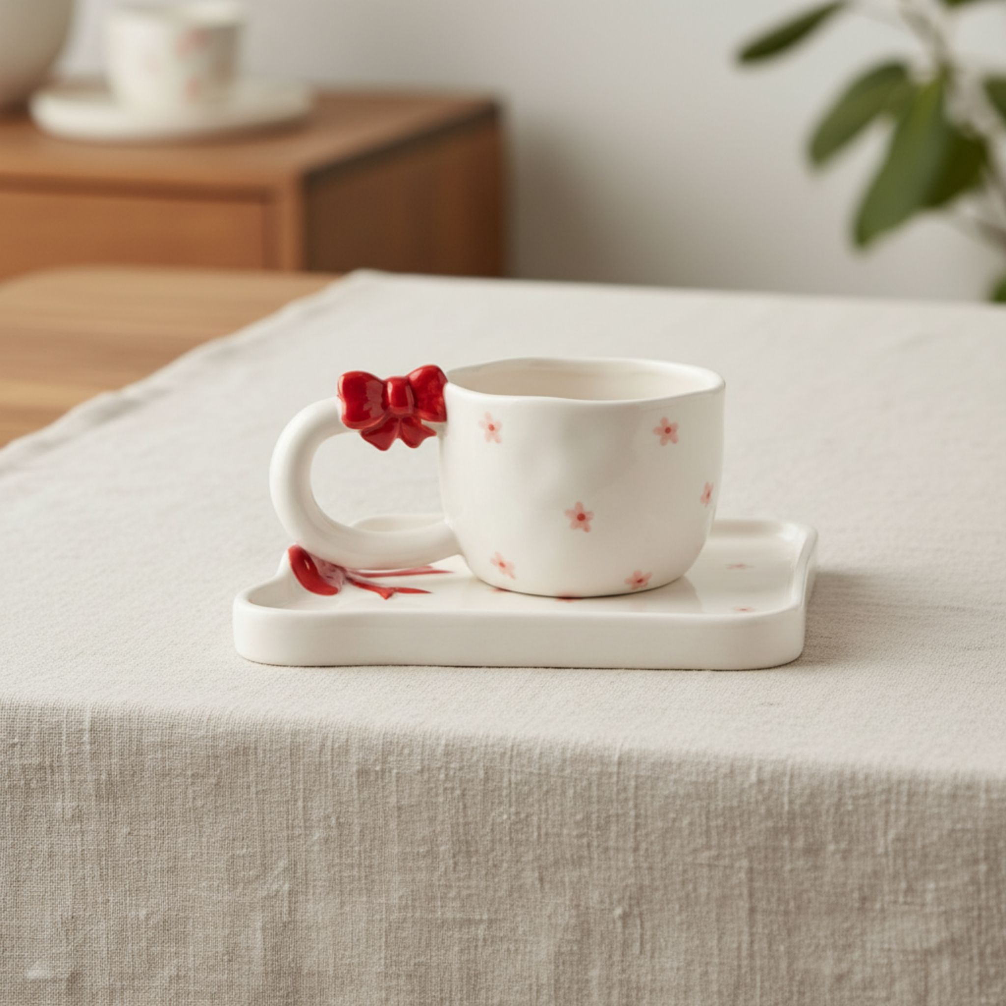 Mug Céramique Coquette Nœud Rouge & Fleurs - Tasse avec Soucoupe Design