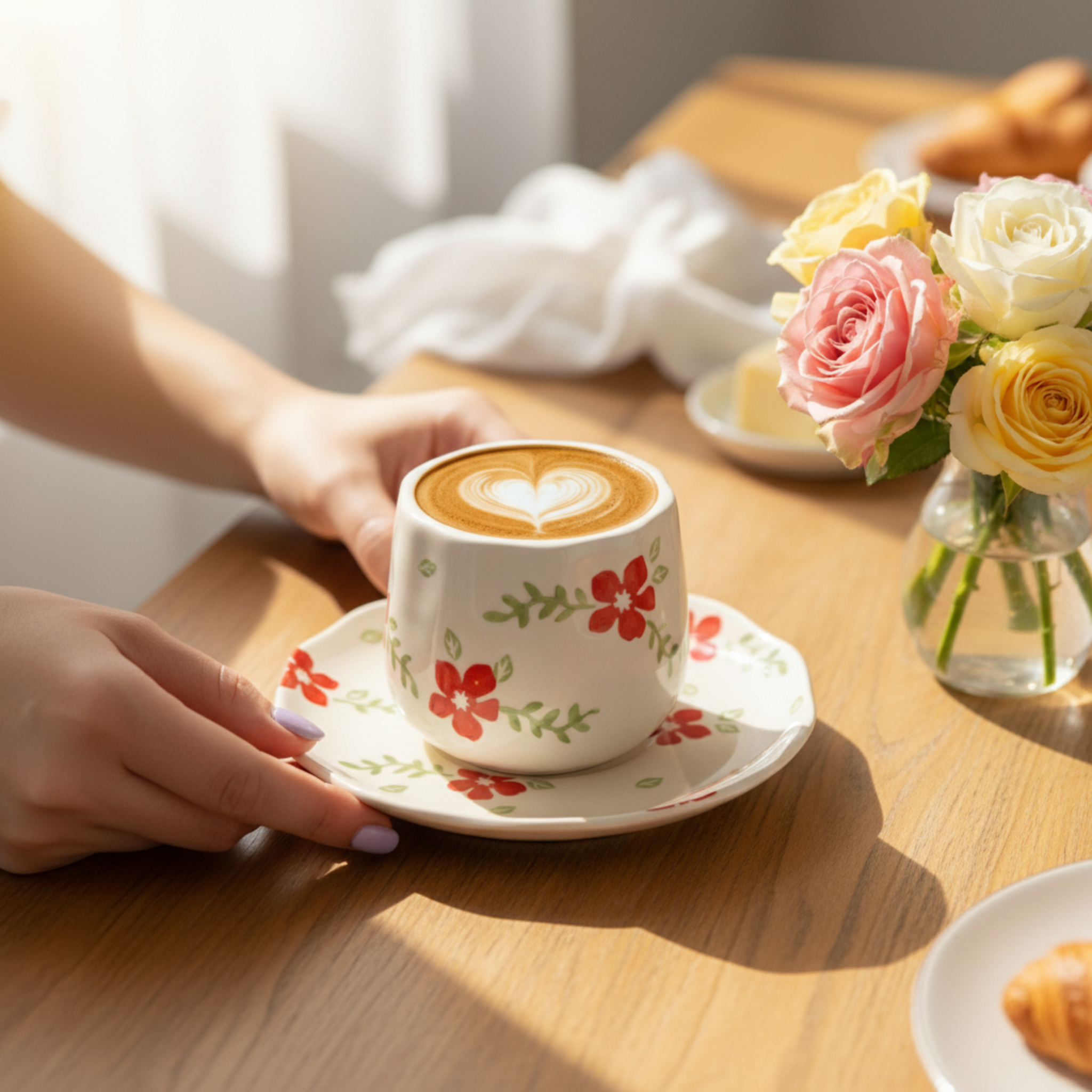 Tasse à Café en Céramique Motif Fleurs Rouges & Soucoupe – Design Chic