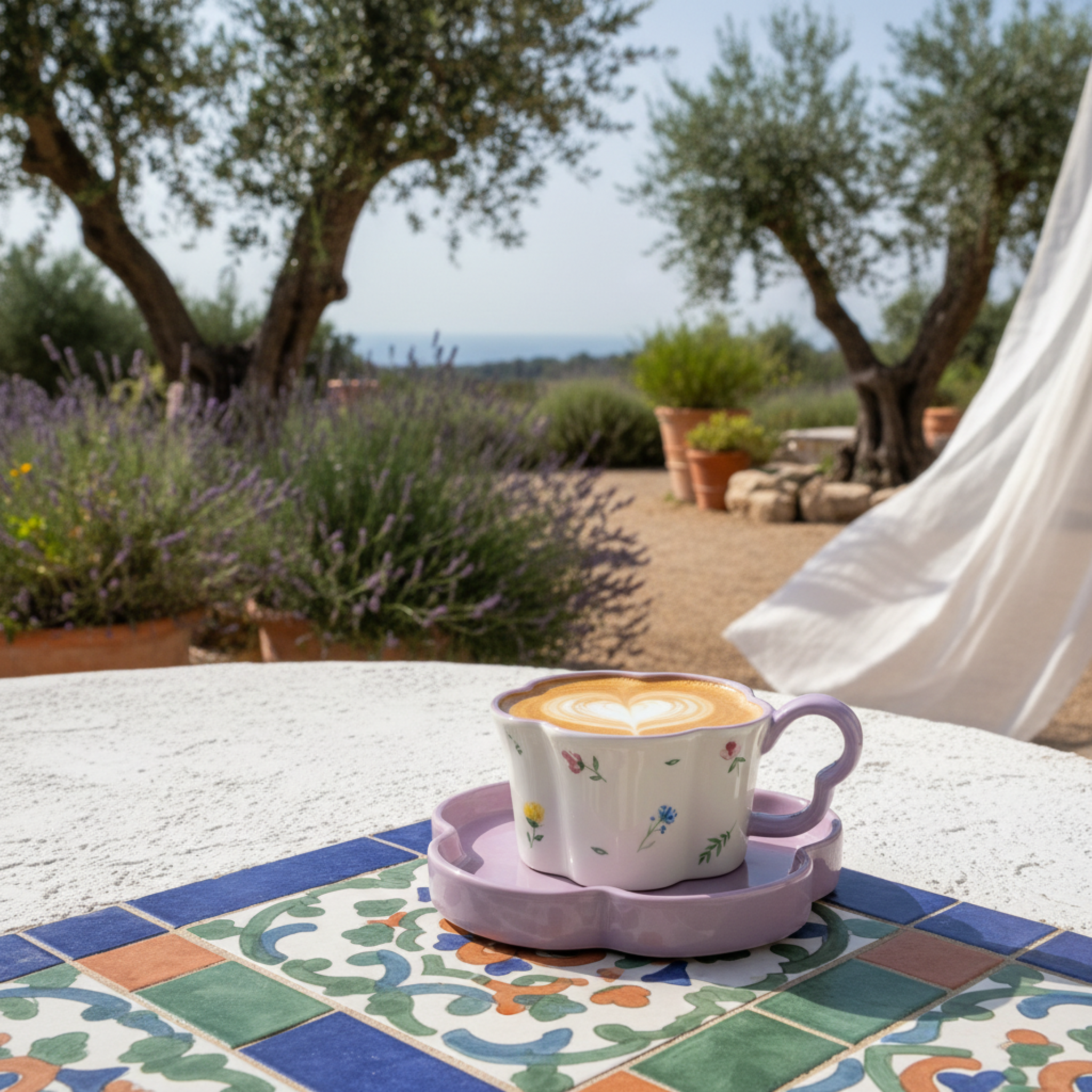 Mug Fleur Céramique Lilas & Soucoupe – Idée Cadeau Cute Tunisie