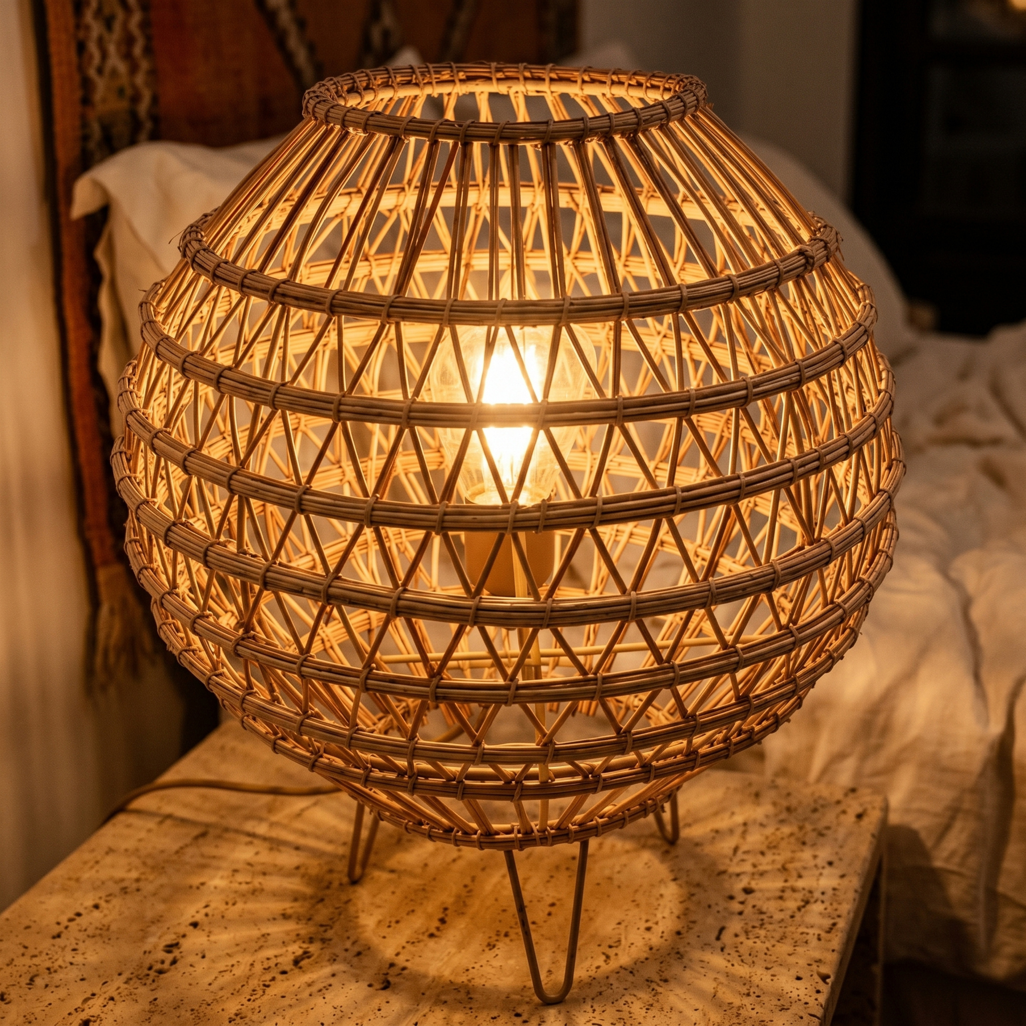 Lampe à Poser Palmier Tunisie | Boule Tressée Bohème | Fiolla Home