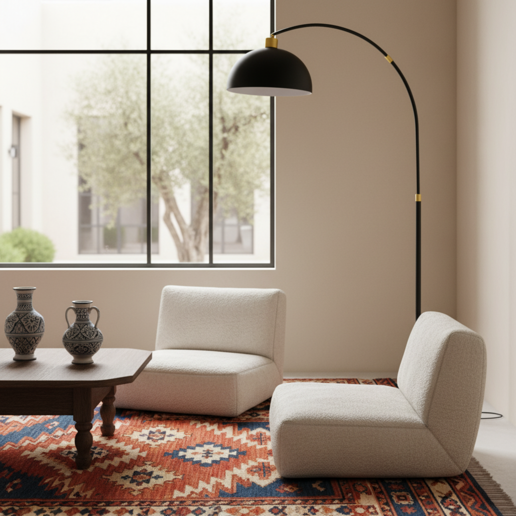 Lampadaire Arc Noir Moderne avec Détails Dorés – Élégance Design