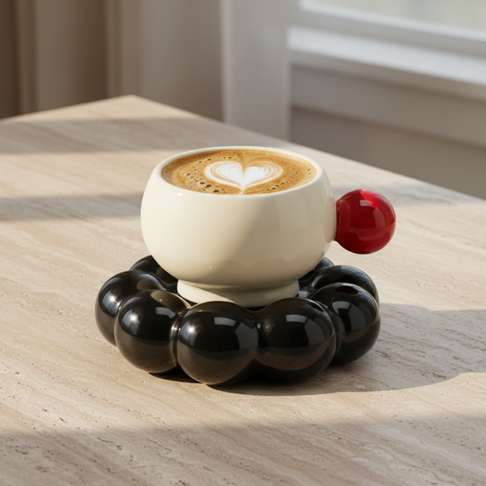 Tasse Design "Bubble" Céramique – Soucoupe Noire & Anse Rouge