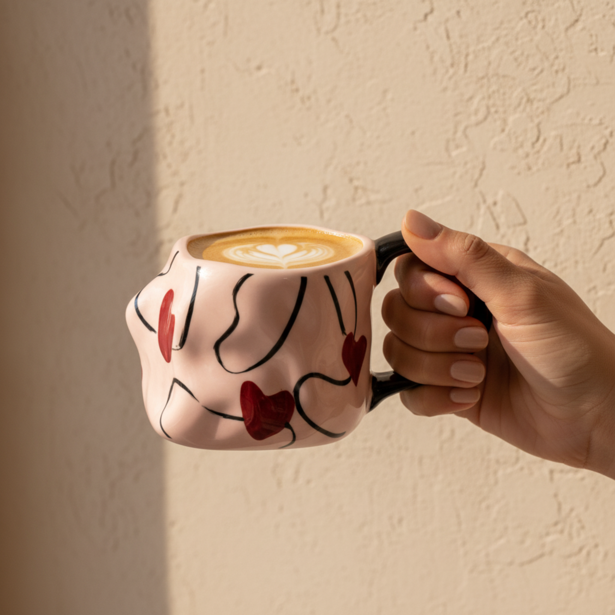 Mug Rose à Cœurs en Céramique – Anse Noire, Design Moderne Tunisie