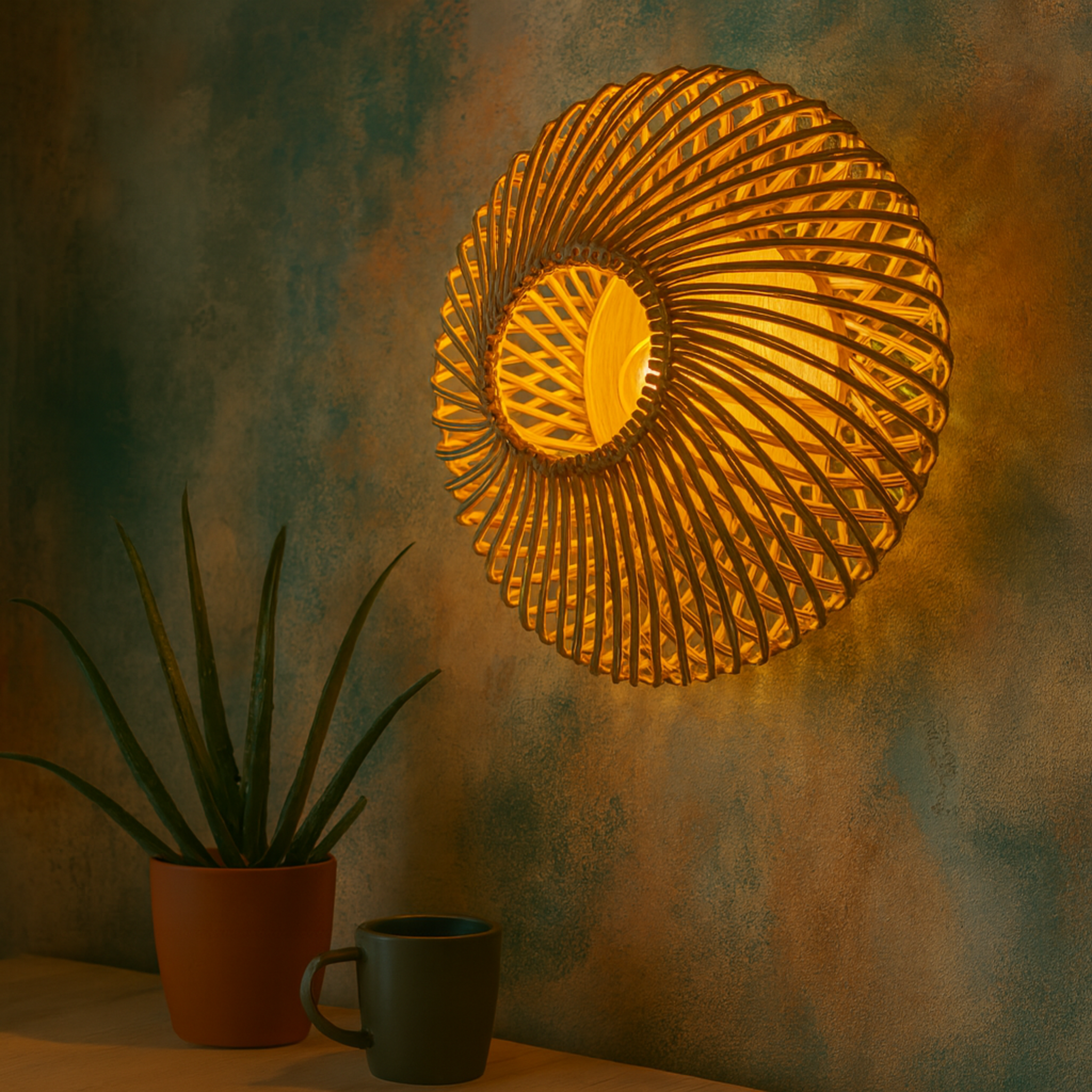 Applique murale en rotin faite main – Artisanat tunisien | Éclairage décoratif naturel
