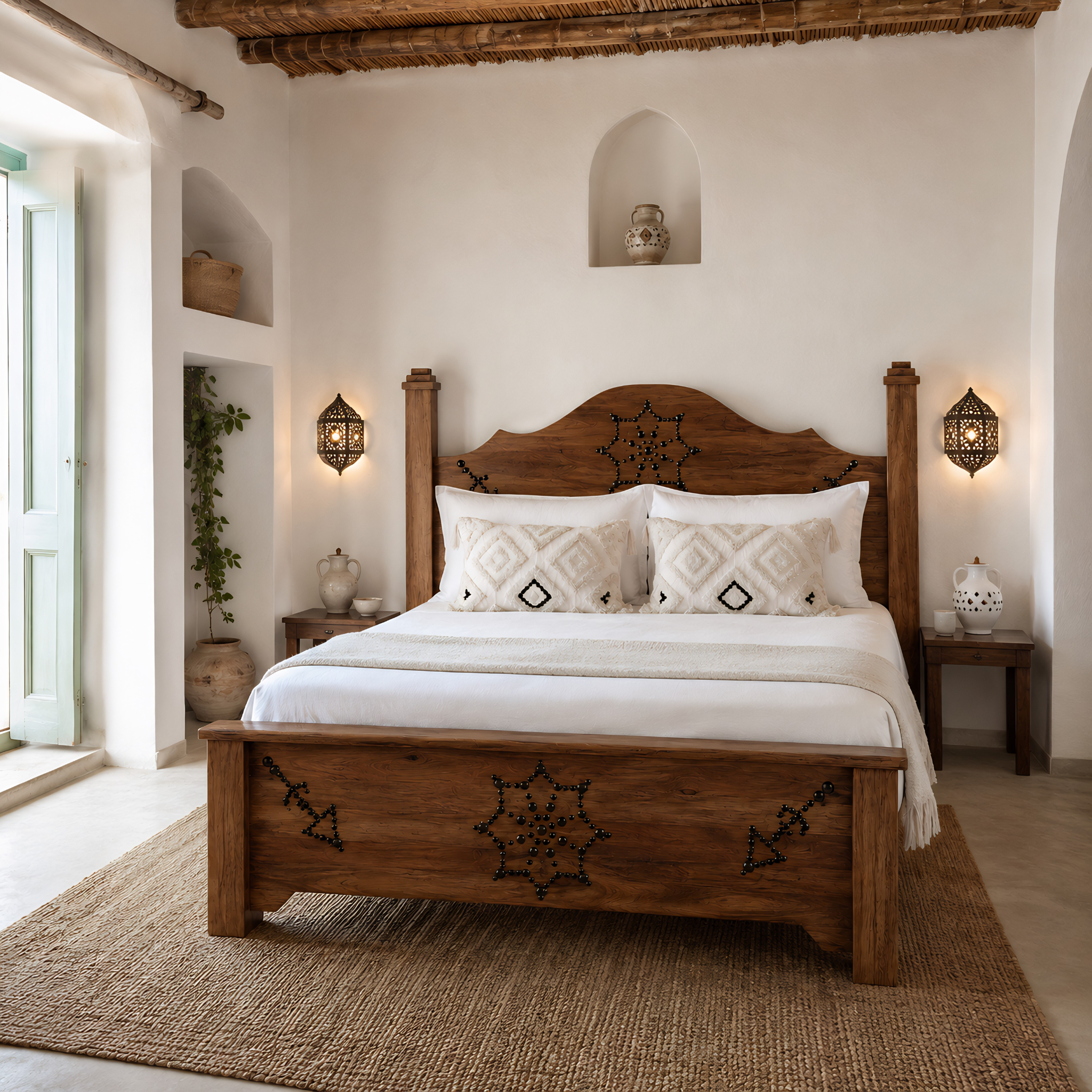 Lit Double Bois Palmier Dattier Clous Forgés 160x190 Tunisie | Fiolla Home