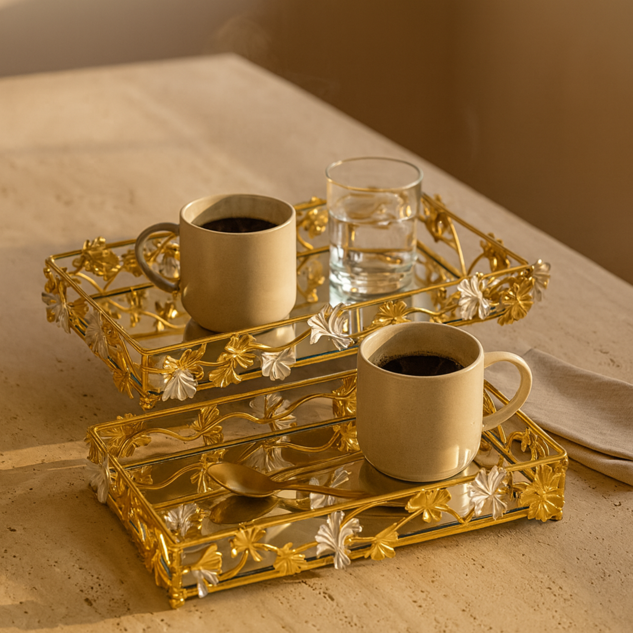 Plateaux de Présentation Dorés avec Miroir | Lot de 2 | Tunisie | Fiolla Home