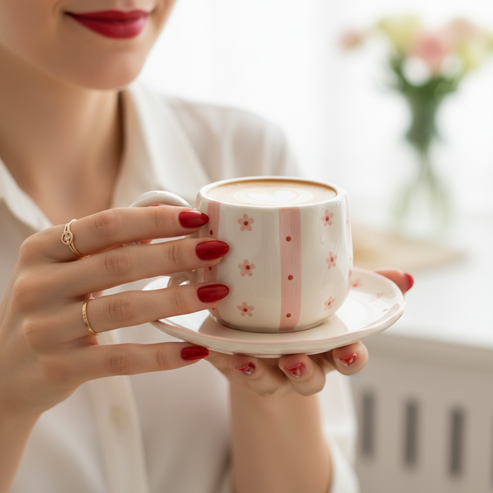 Tasse Céramique Artisanale Motif Floral Rose & Rayures avec Soucoupe