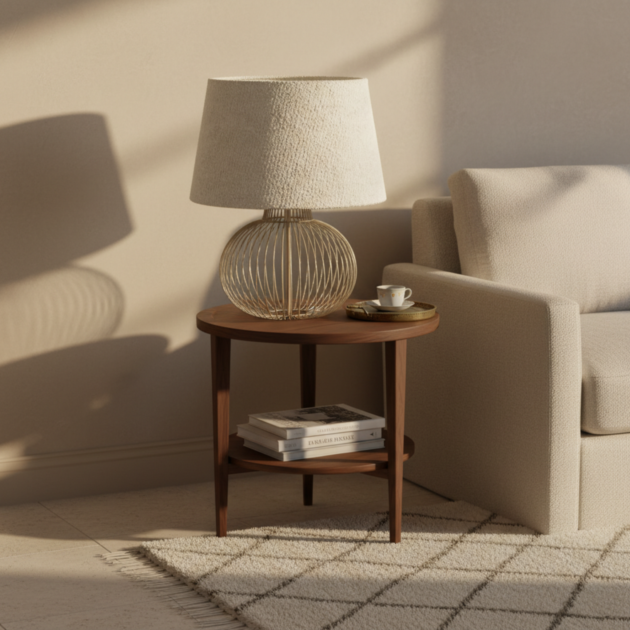 Lampe de Table Grège en Tissu Bouclette et Pied Filaire Design