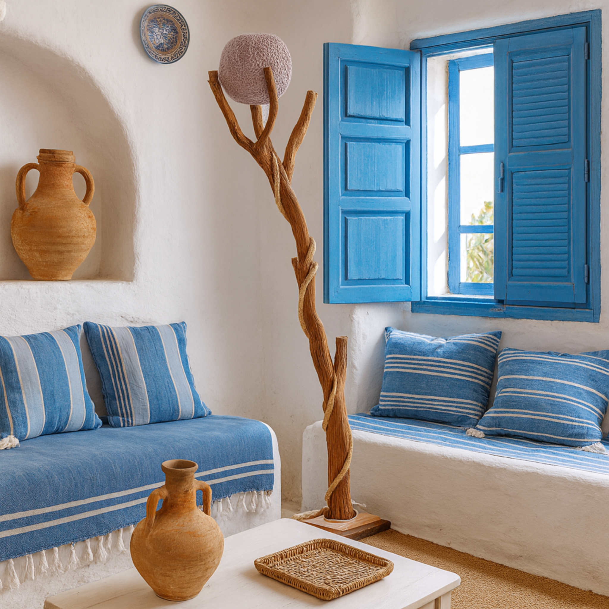 Lampadaire Artisanat Tunisien en Bois Naturel & Abat-Jour Tissé Violet